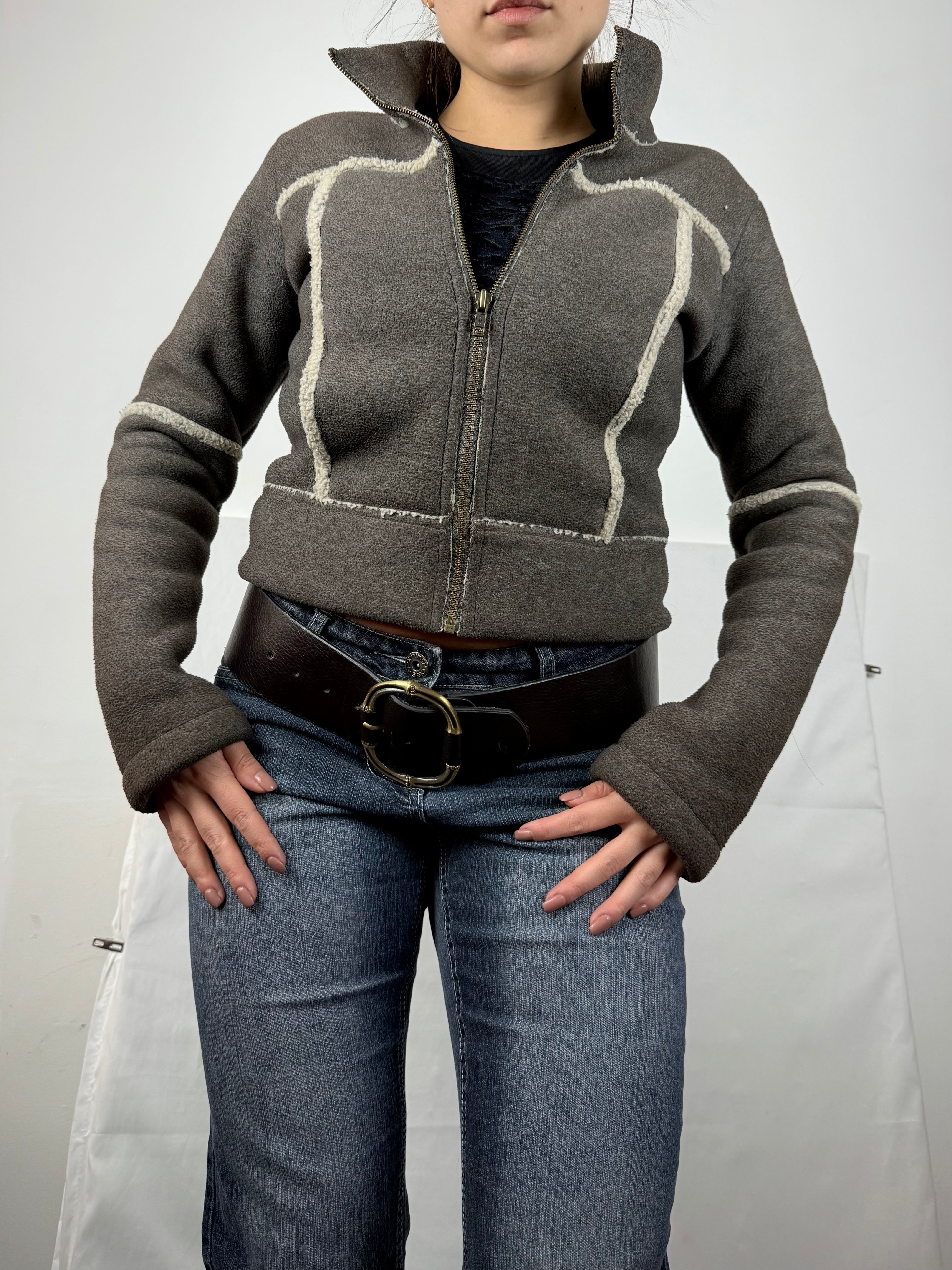 Grey fleece zip up biker jacket (S/M)