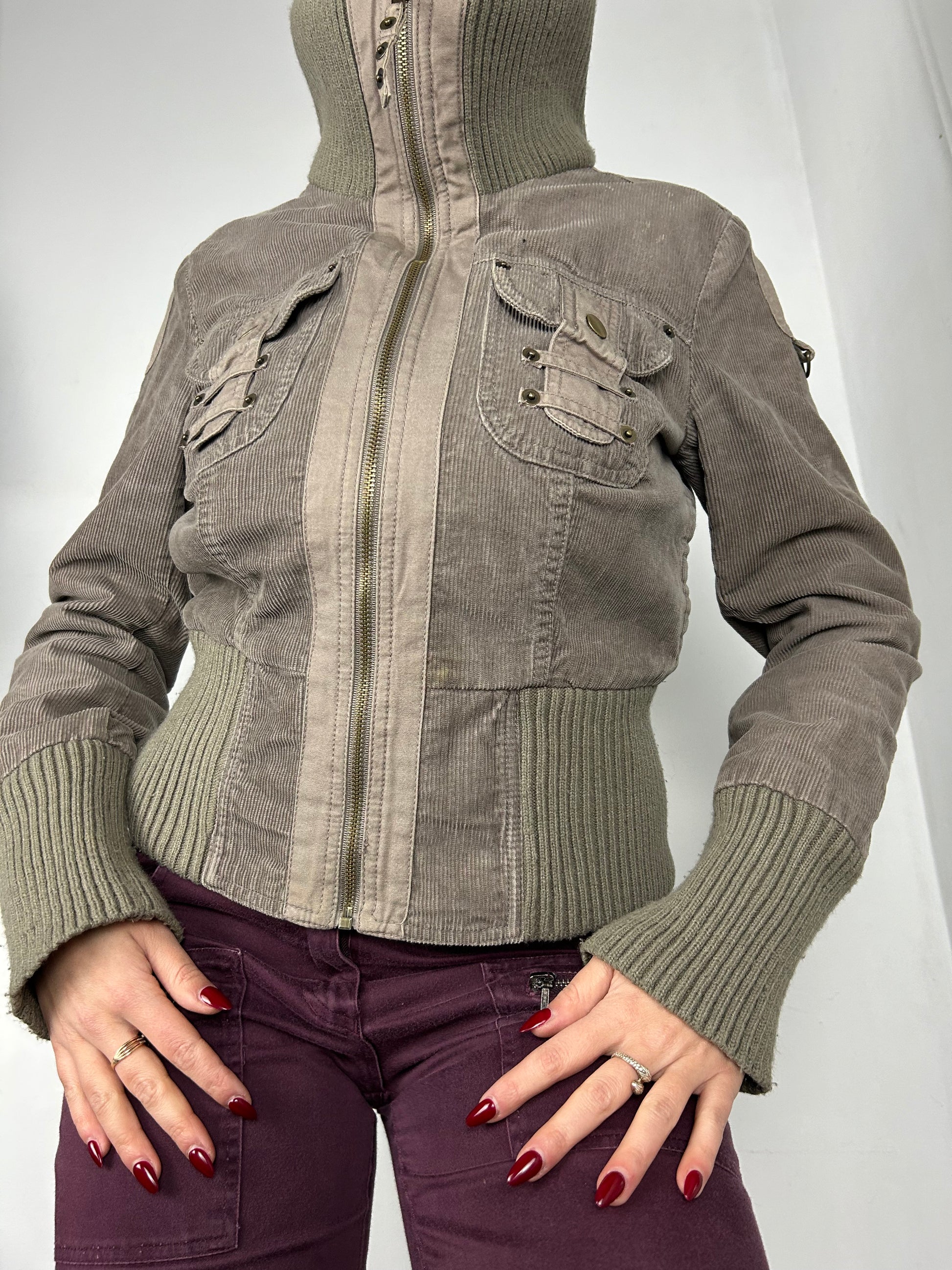 Khaki velvet denim biker jacket (M)