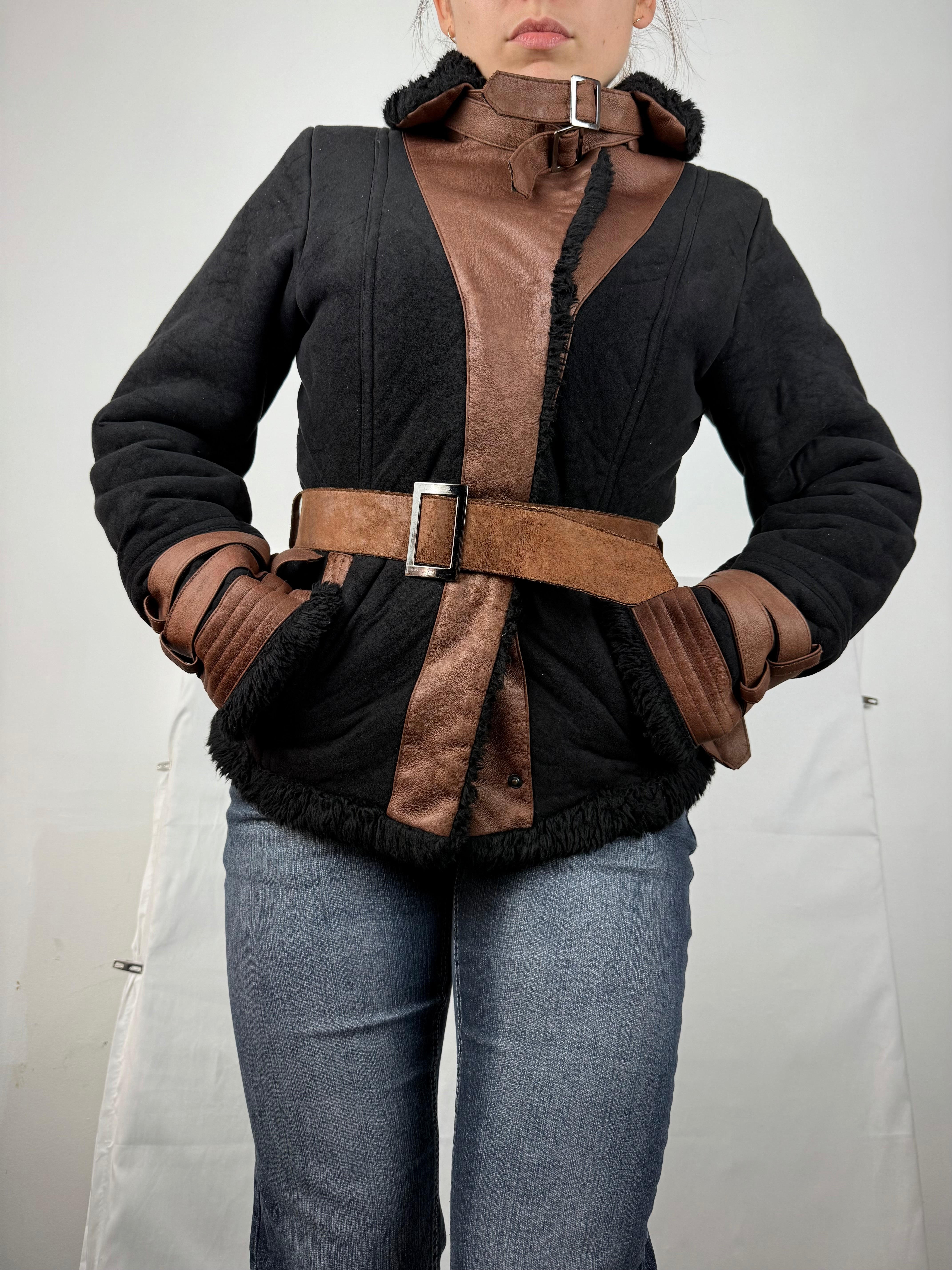Black suede tight fit biker coat (M)