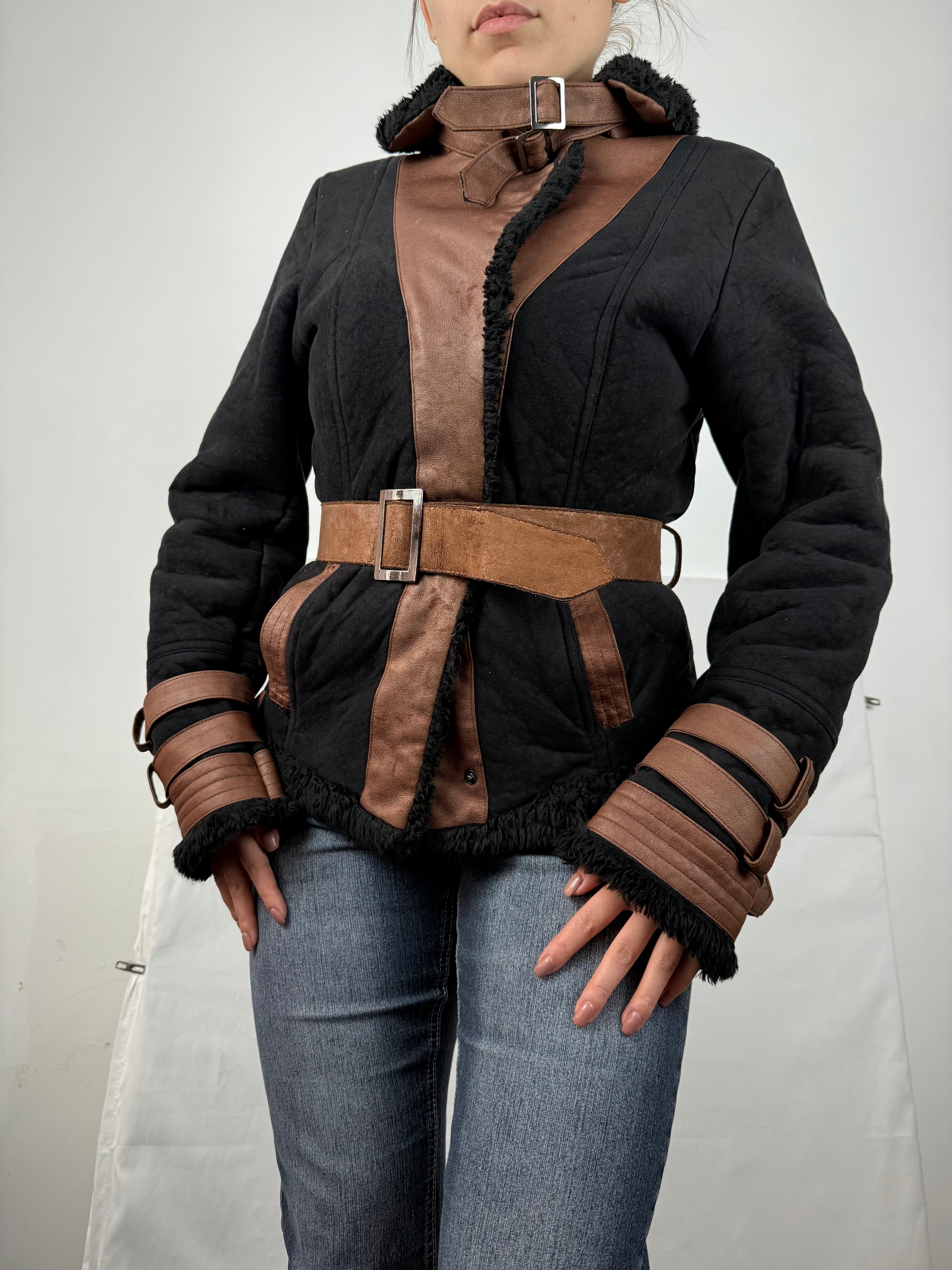 Black suede tight fit biker coat (M)