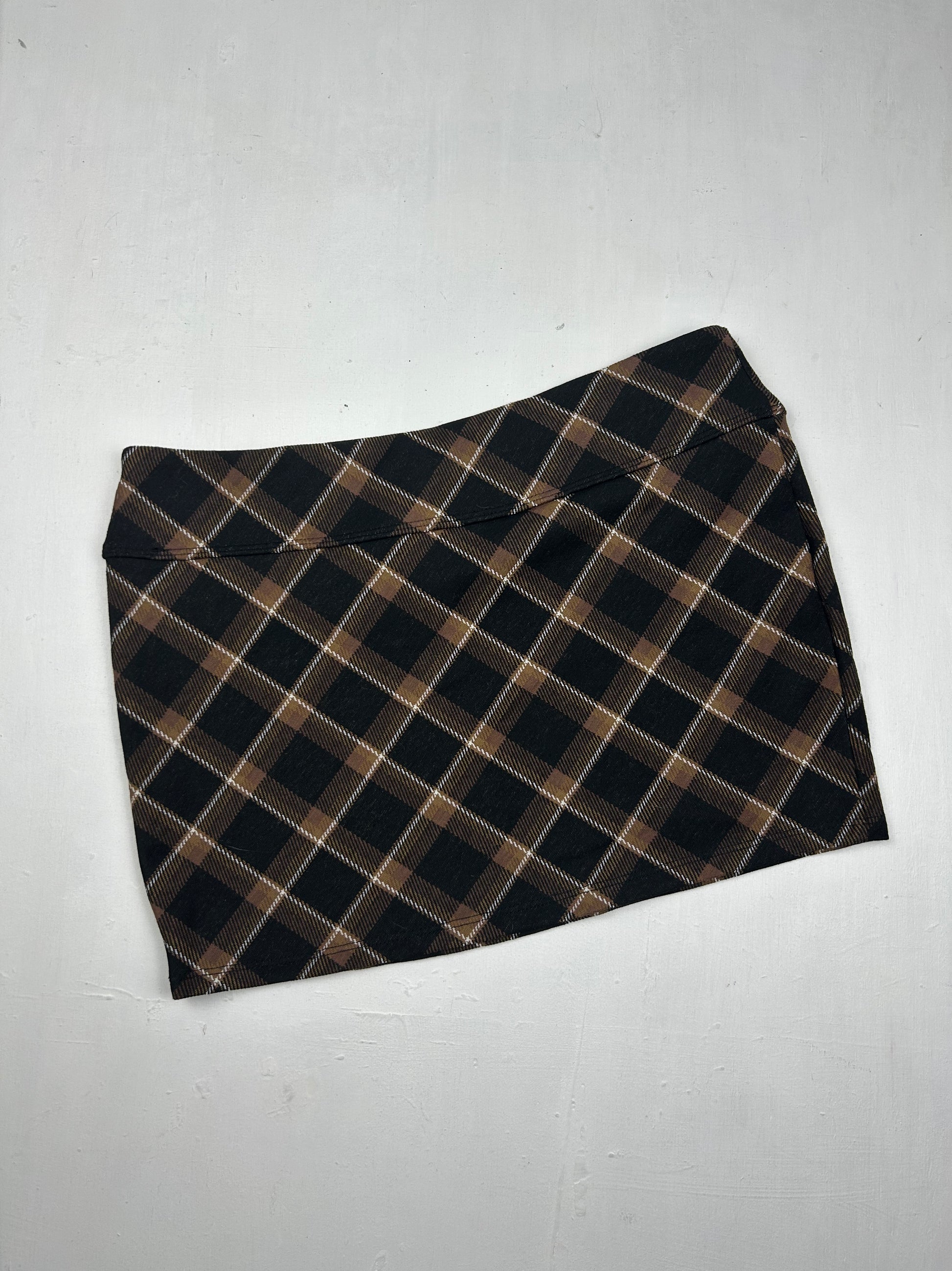Brown check print office mini skirt (S)