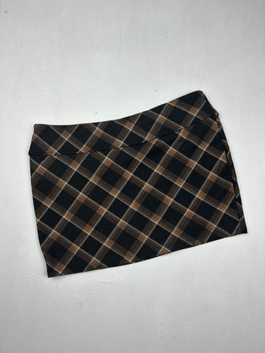 Brown check print office mini skirt (S)
