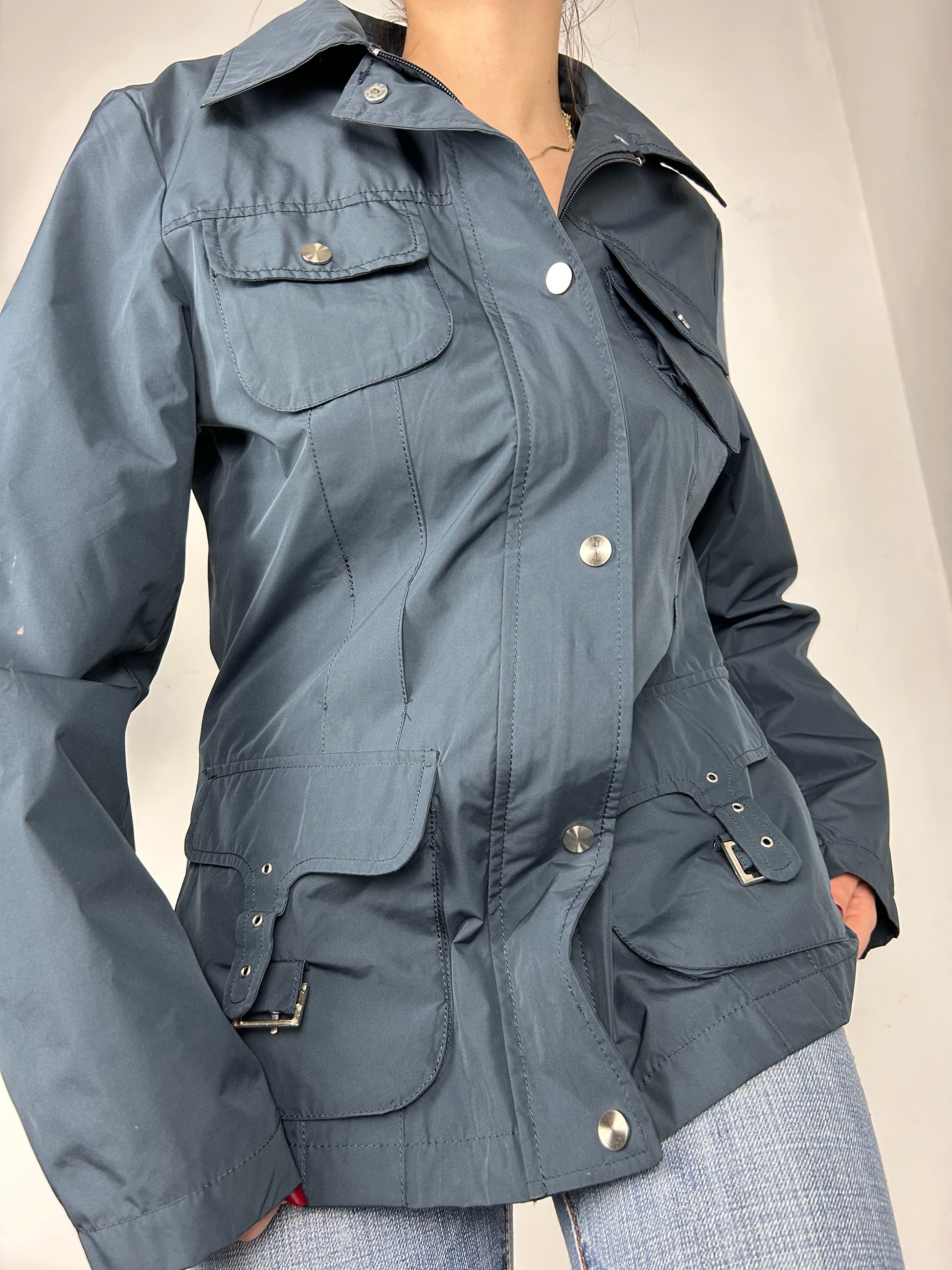 Navy blue zip up trench jacket (L)