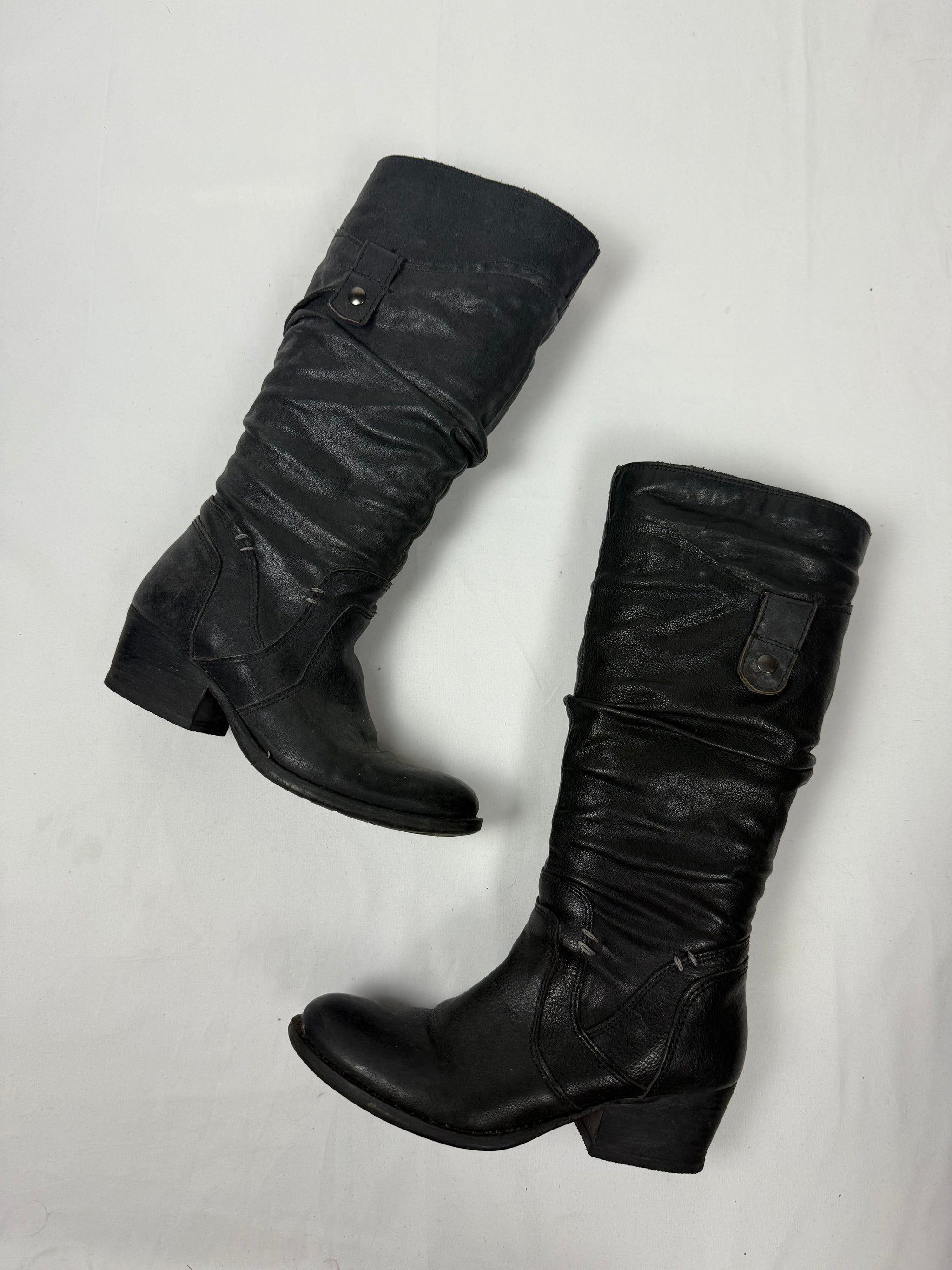 Black real leather buckle belt knee high boots (37)