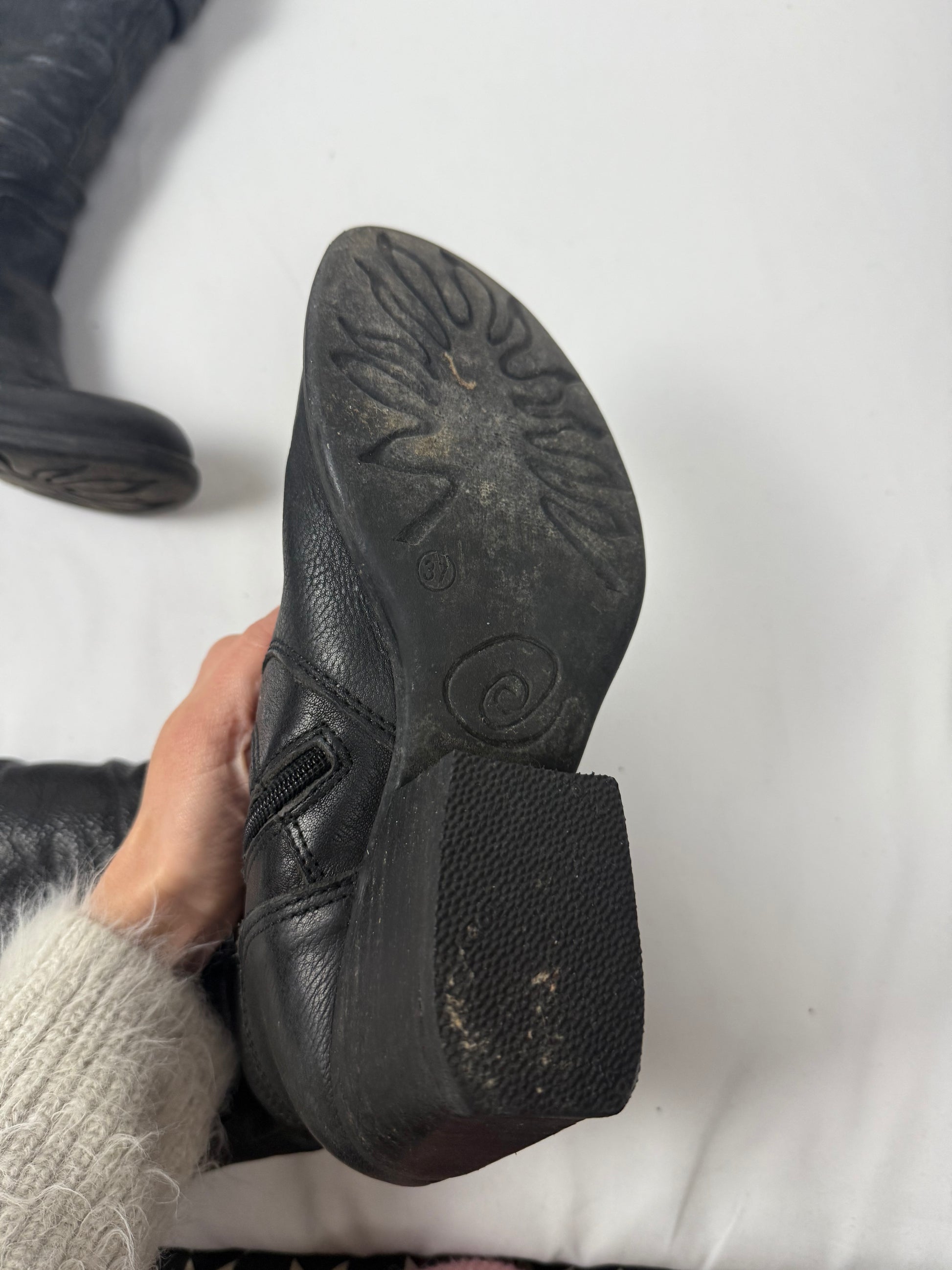 Black real leather buckle belt knee high boots (37)