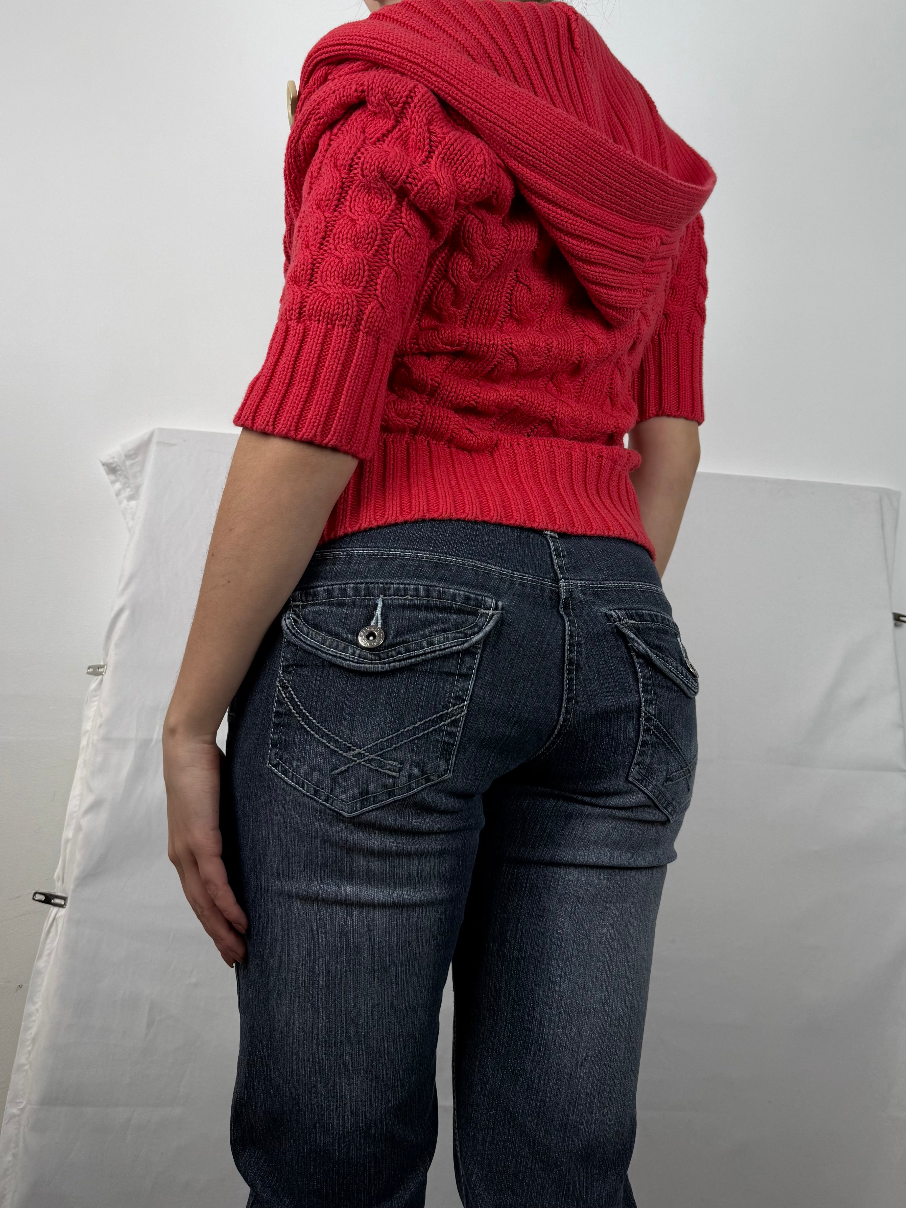 Red buttons up hooded short sleeves jumper (S)