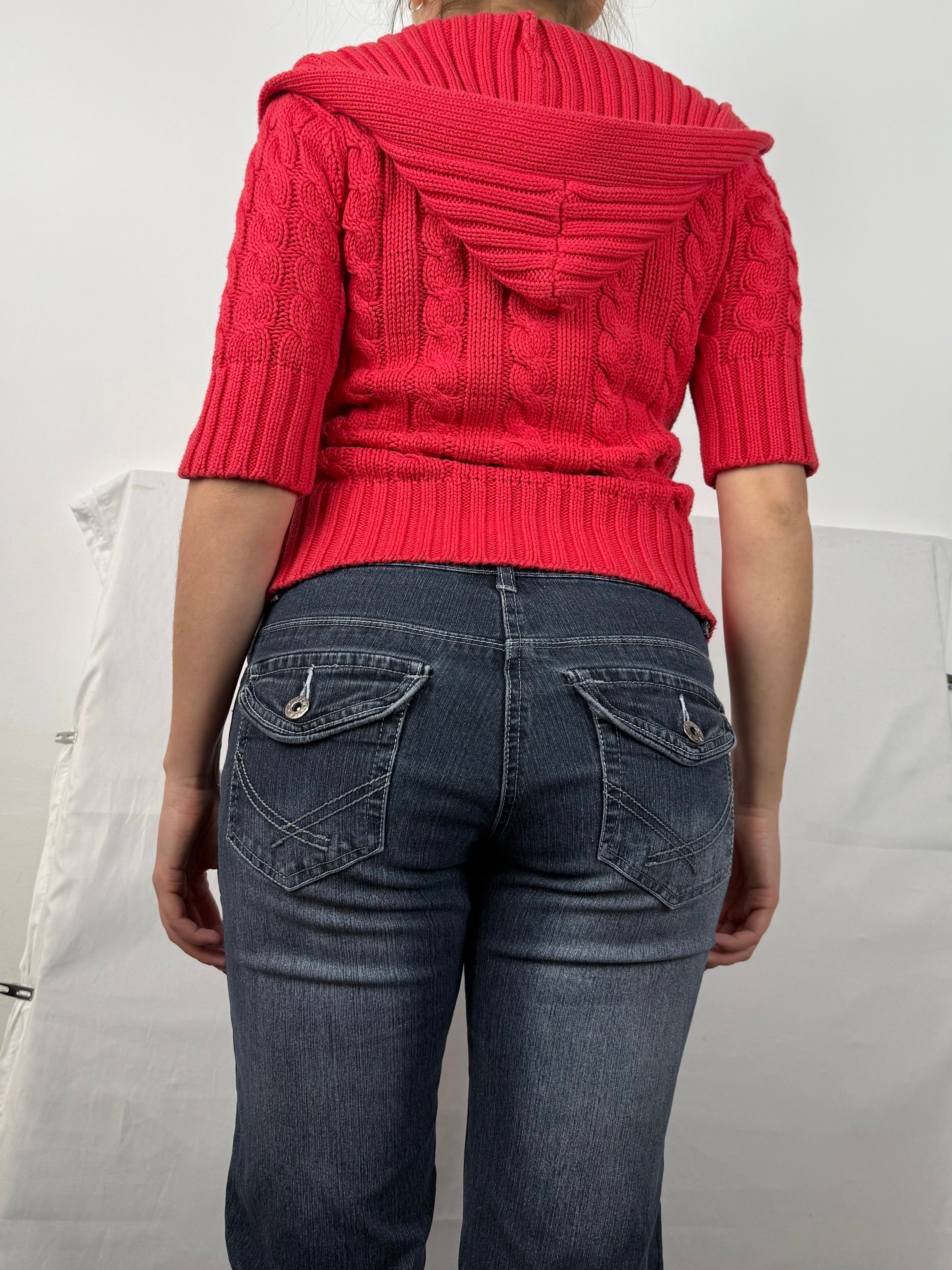 Red buttons up hooded short sleeves jumper (S)