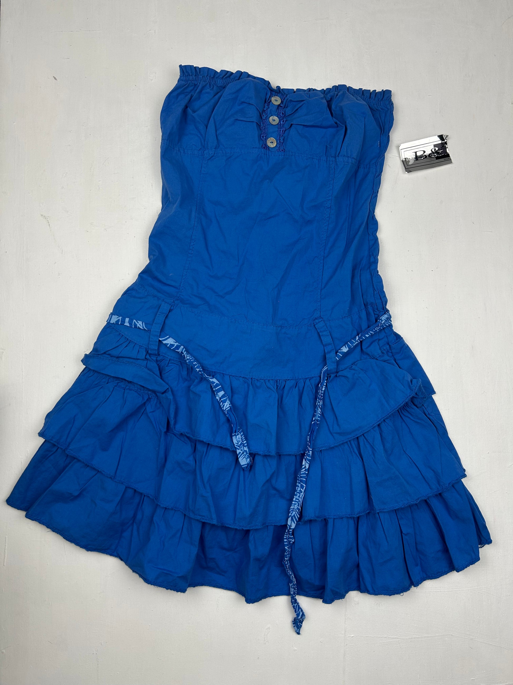 Blue 100% cotton bustier  pleated mini dress (S)