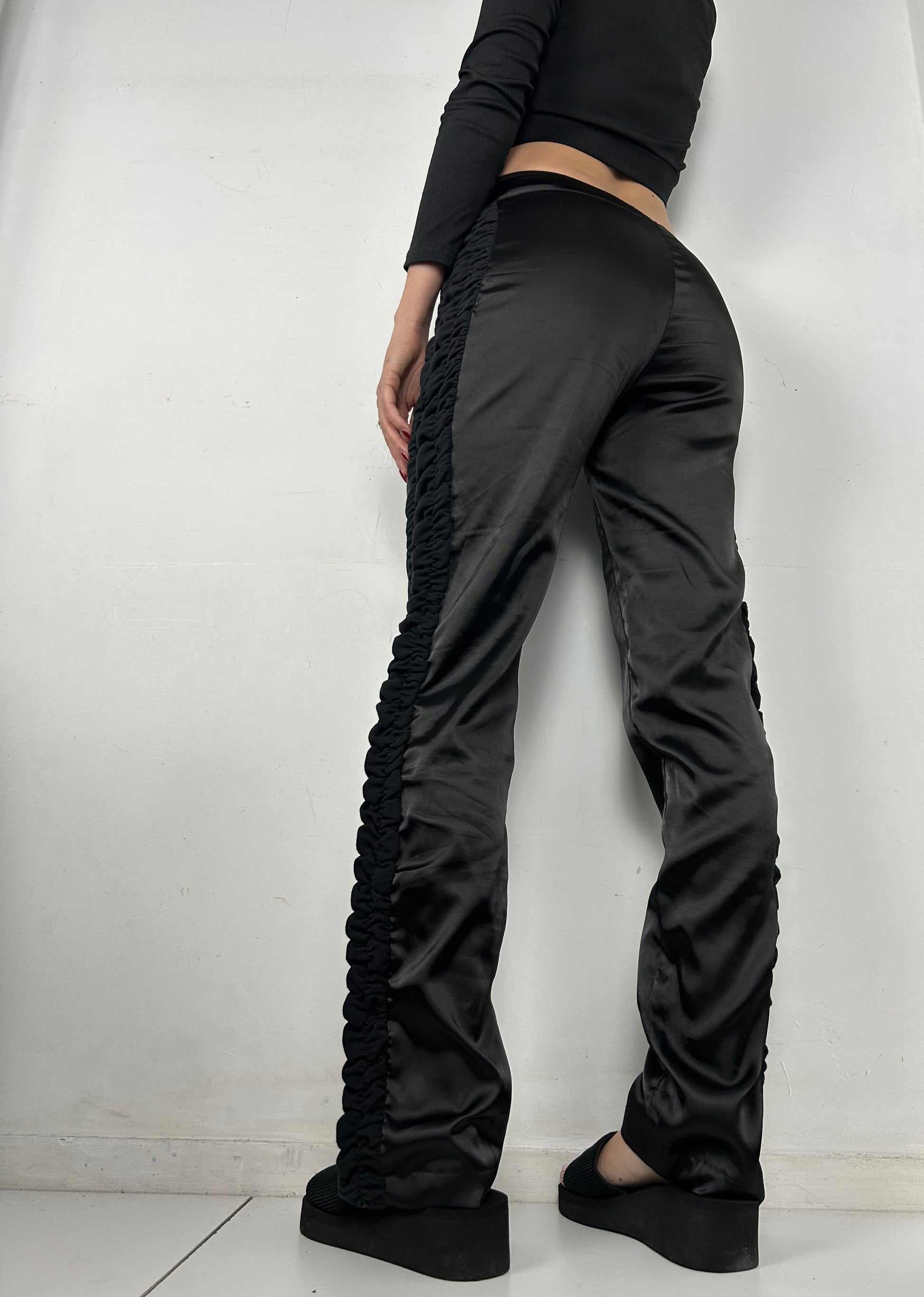 Black satin effect low rise bootcut office pants (M)