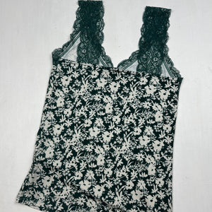 Green floral lace neck cami top (M)