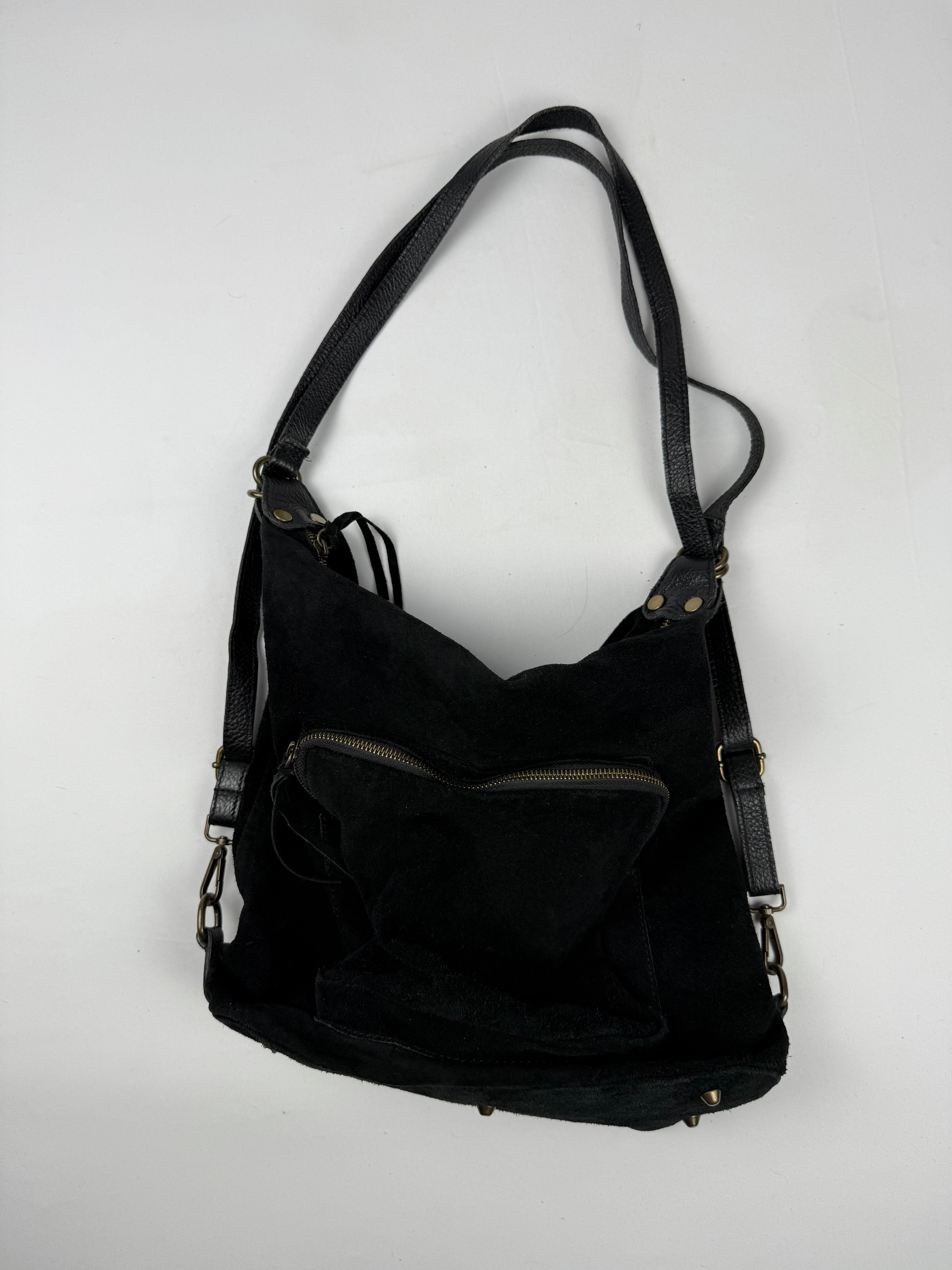 Black real suede lather besace bag