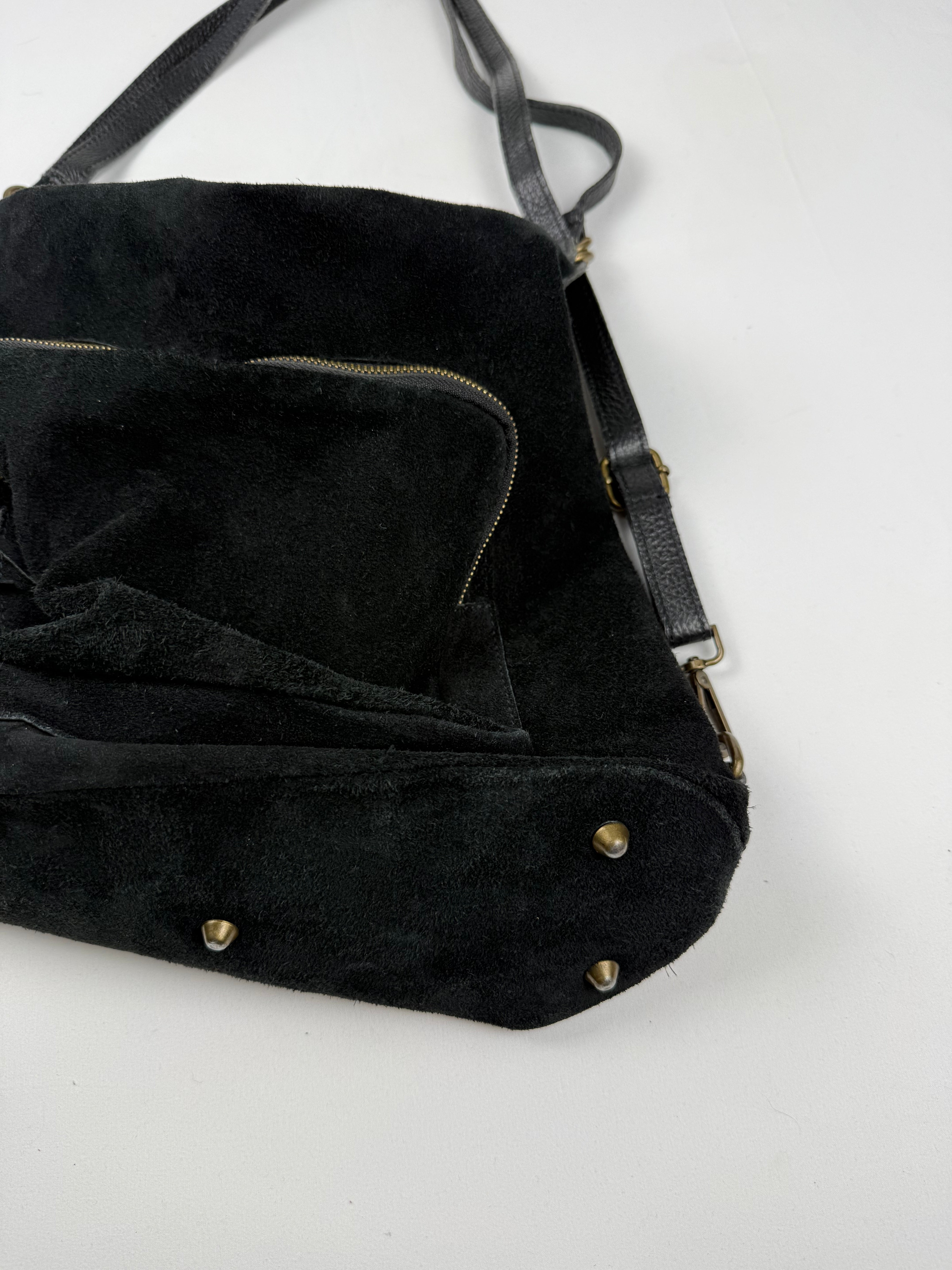 Black real suede lather besace bag