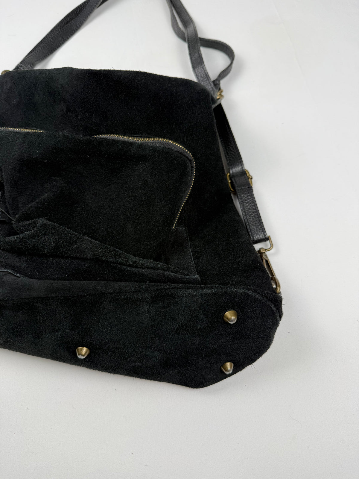 Black real suede lather besace bag