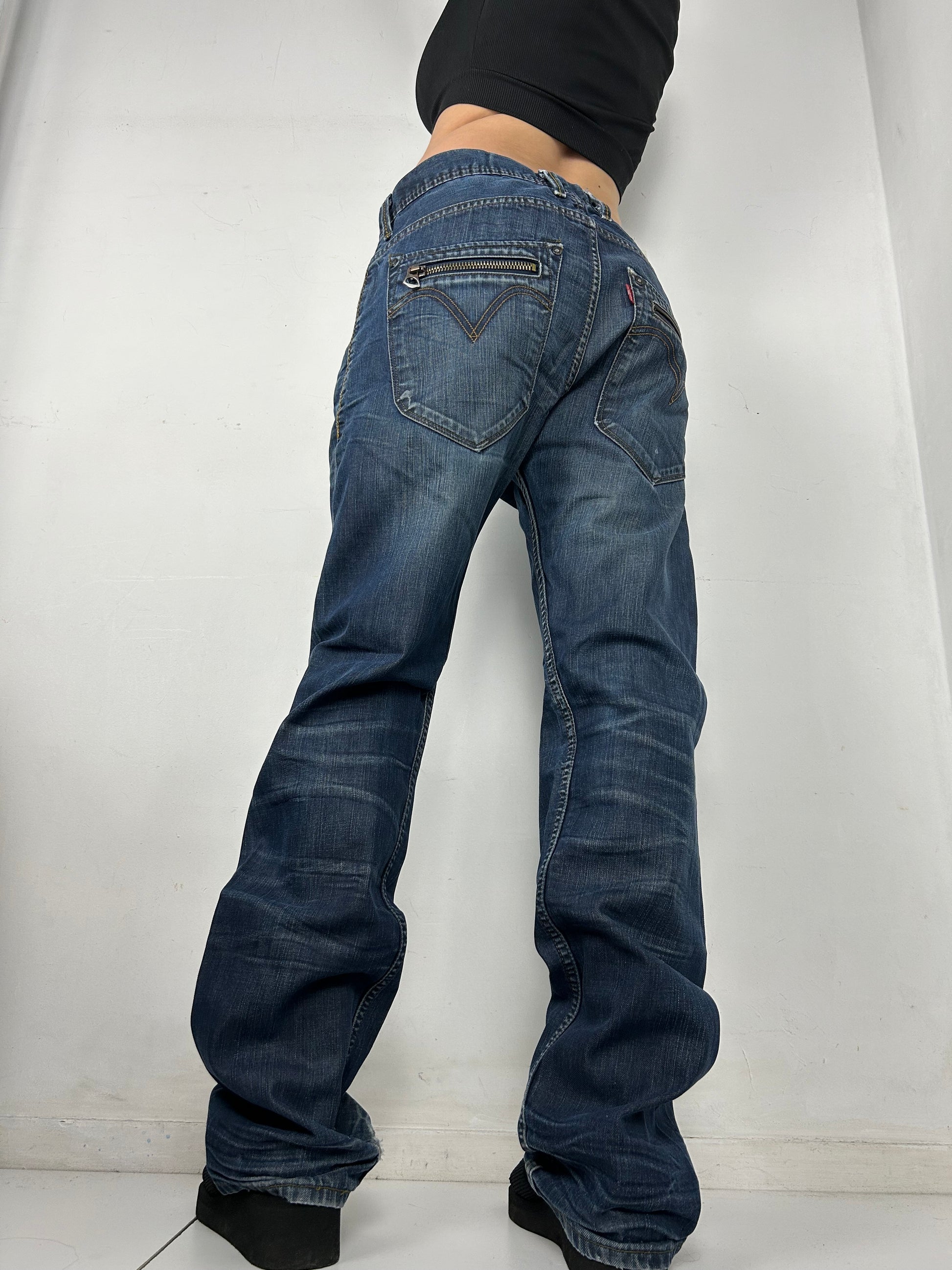 Navy blue low rise baggy denim pants (L)