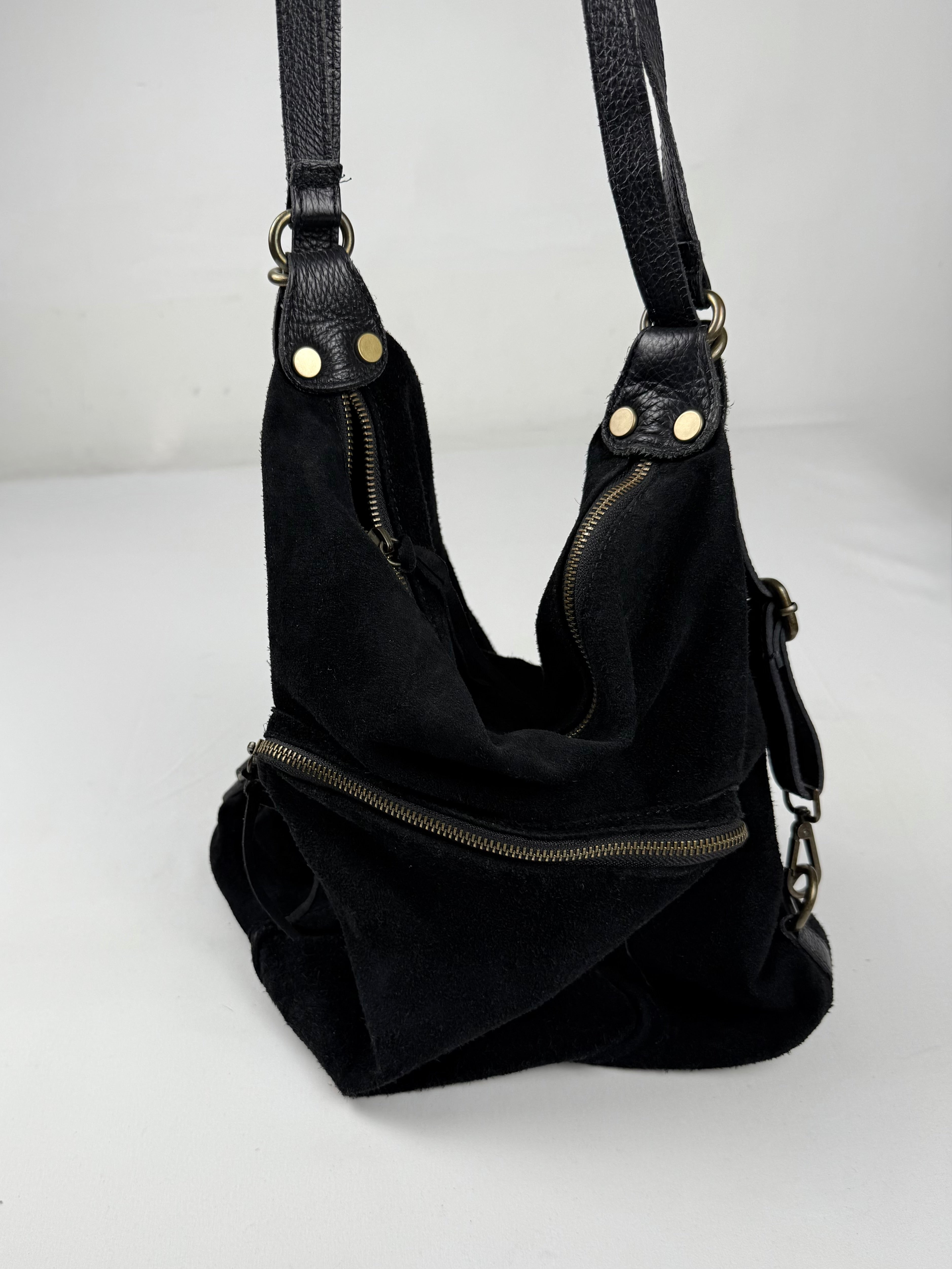 Black real suede lather besace bag