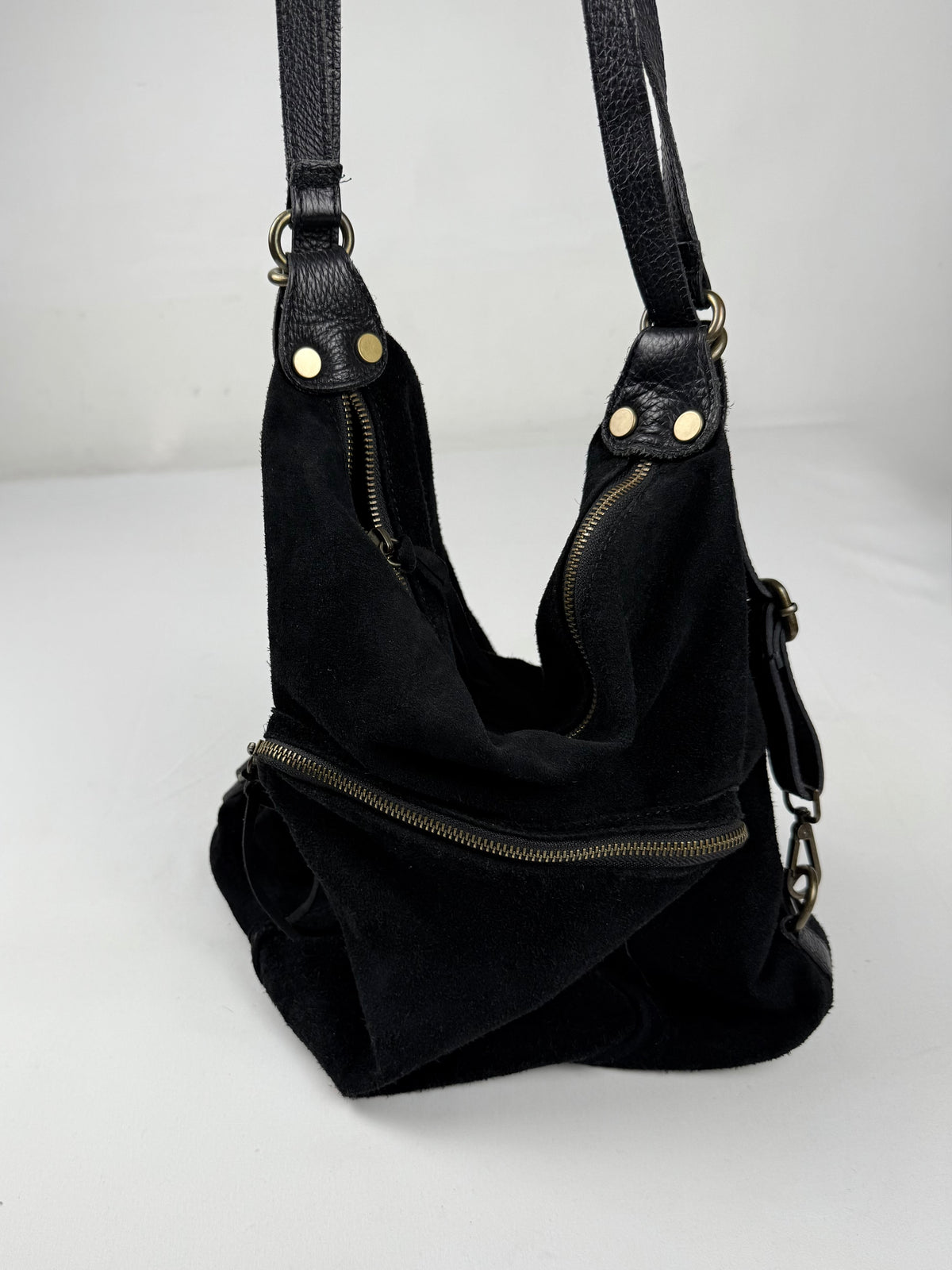 Black real suede lather besace bag