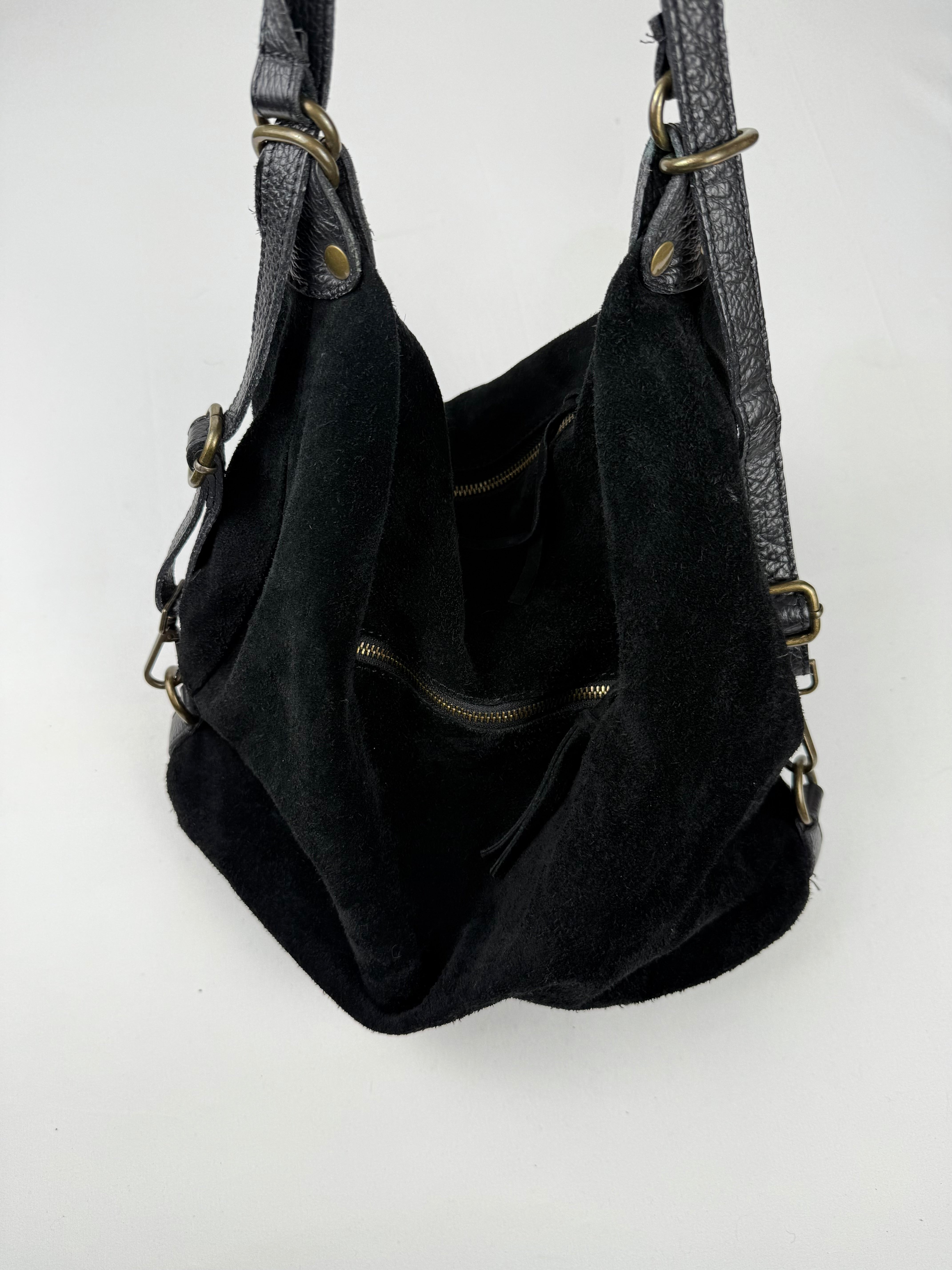 Black real suede lather besace bag