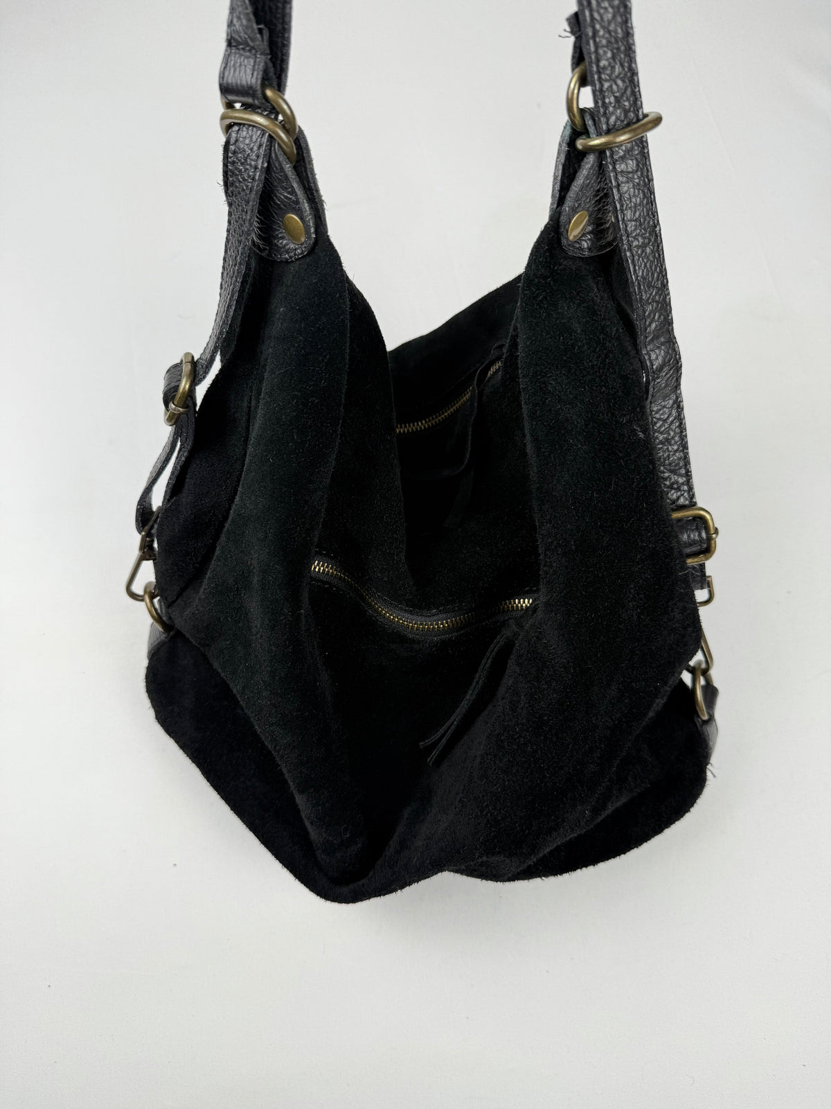Black real suede lather besace bag