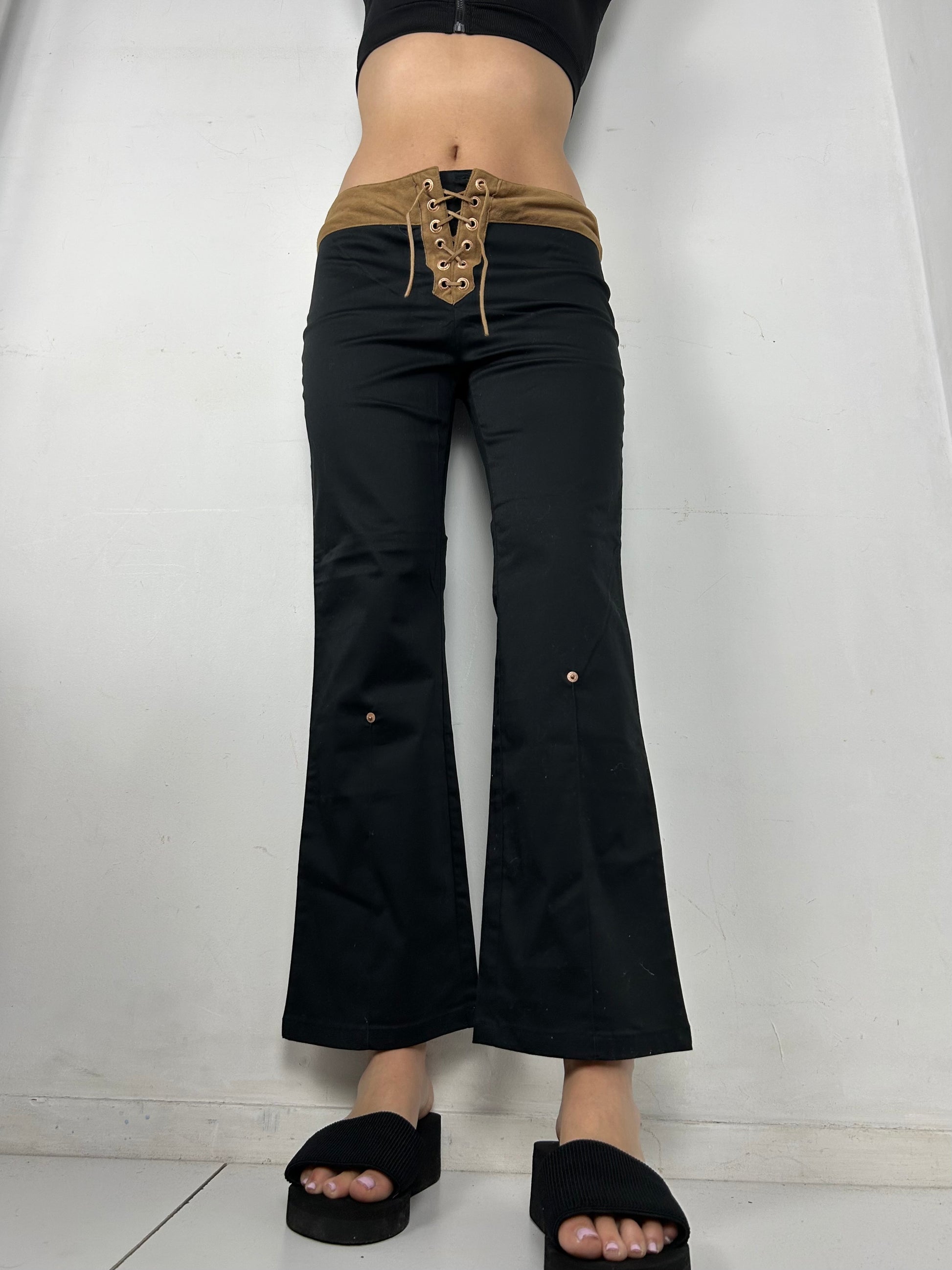 Black suede lace up low rise bootcut office pants (M)