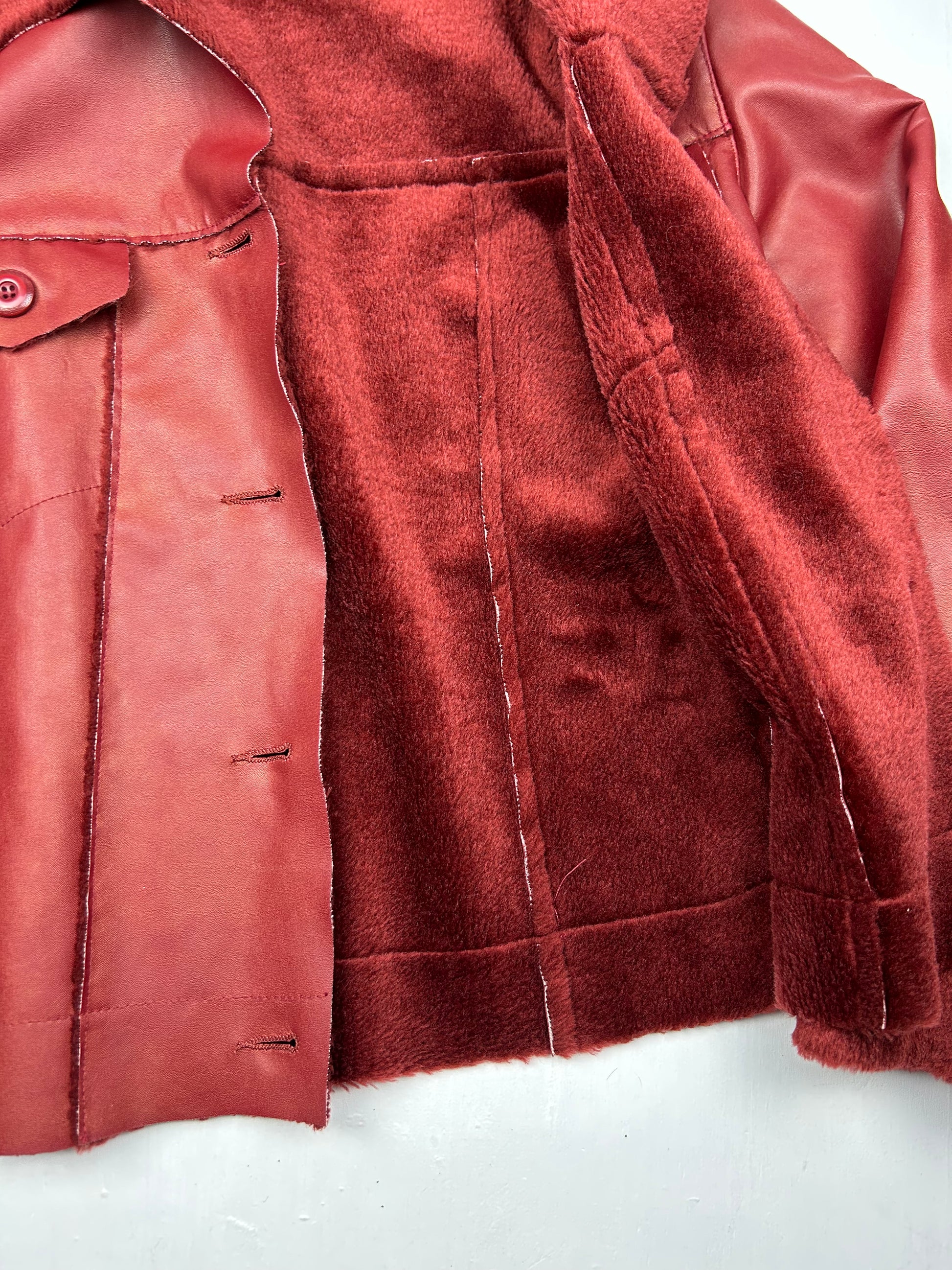 Burgundy red pvc leather faux fur fleece jacket (S/M)