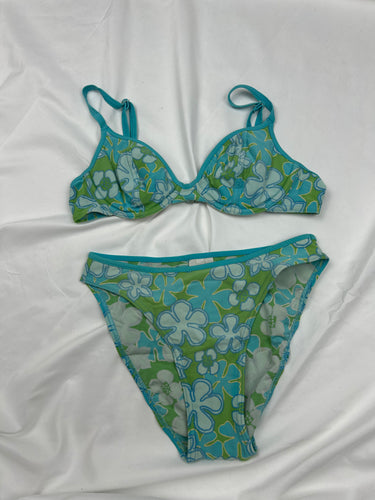 Green floral print low rise bikini set (XS)