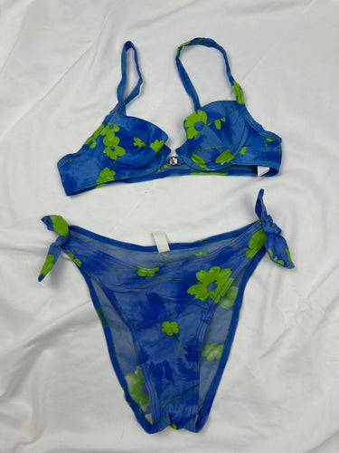 Blue floral print low rise bikini set (S)
