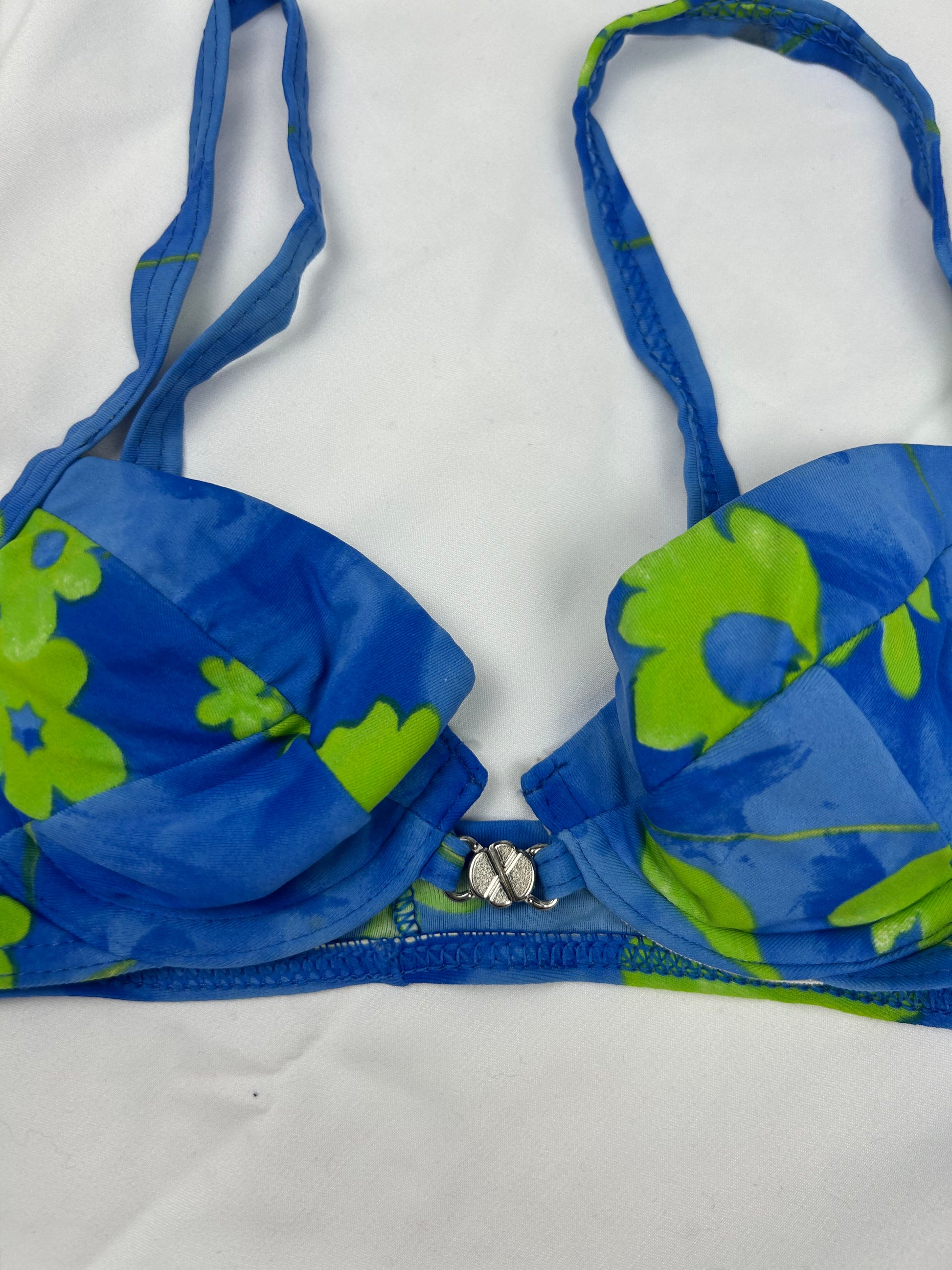 Blue floral print low rise bikini set (S)