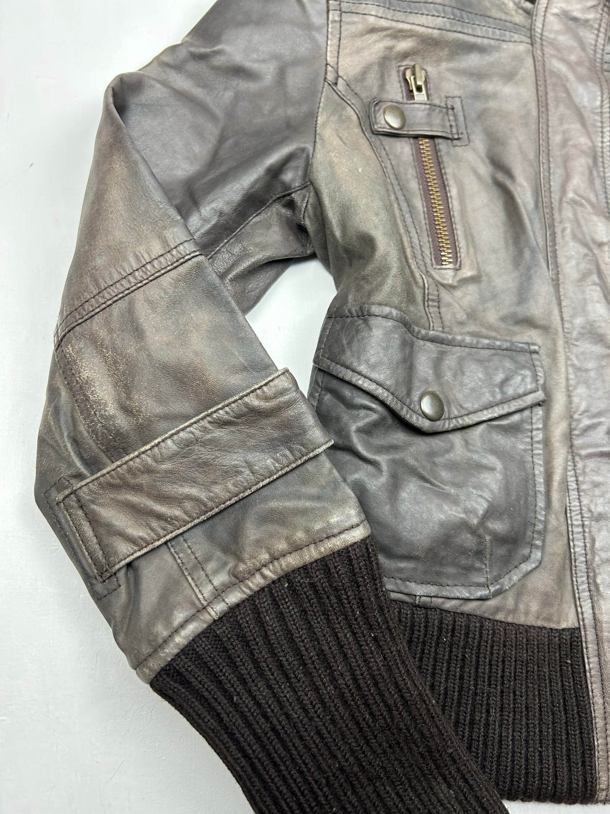 Brown 100% real leather biker jacket (XS)