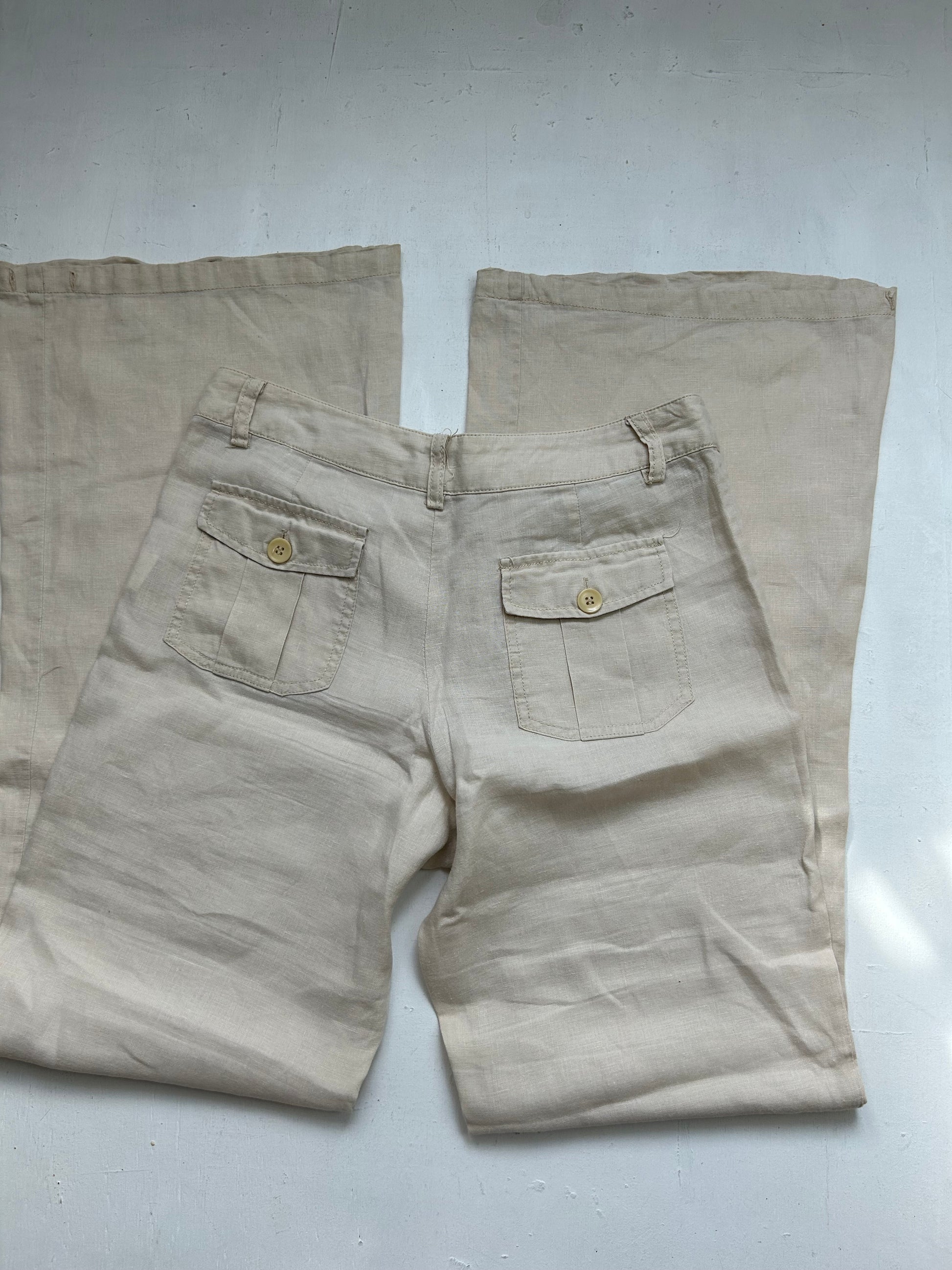 Beige cream linen  low waist baggy flare / bootcut pants (S)