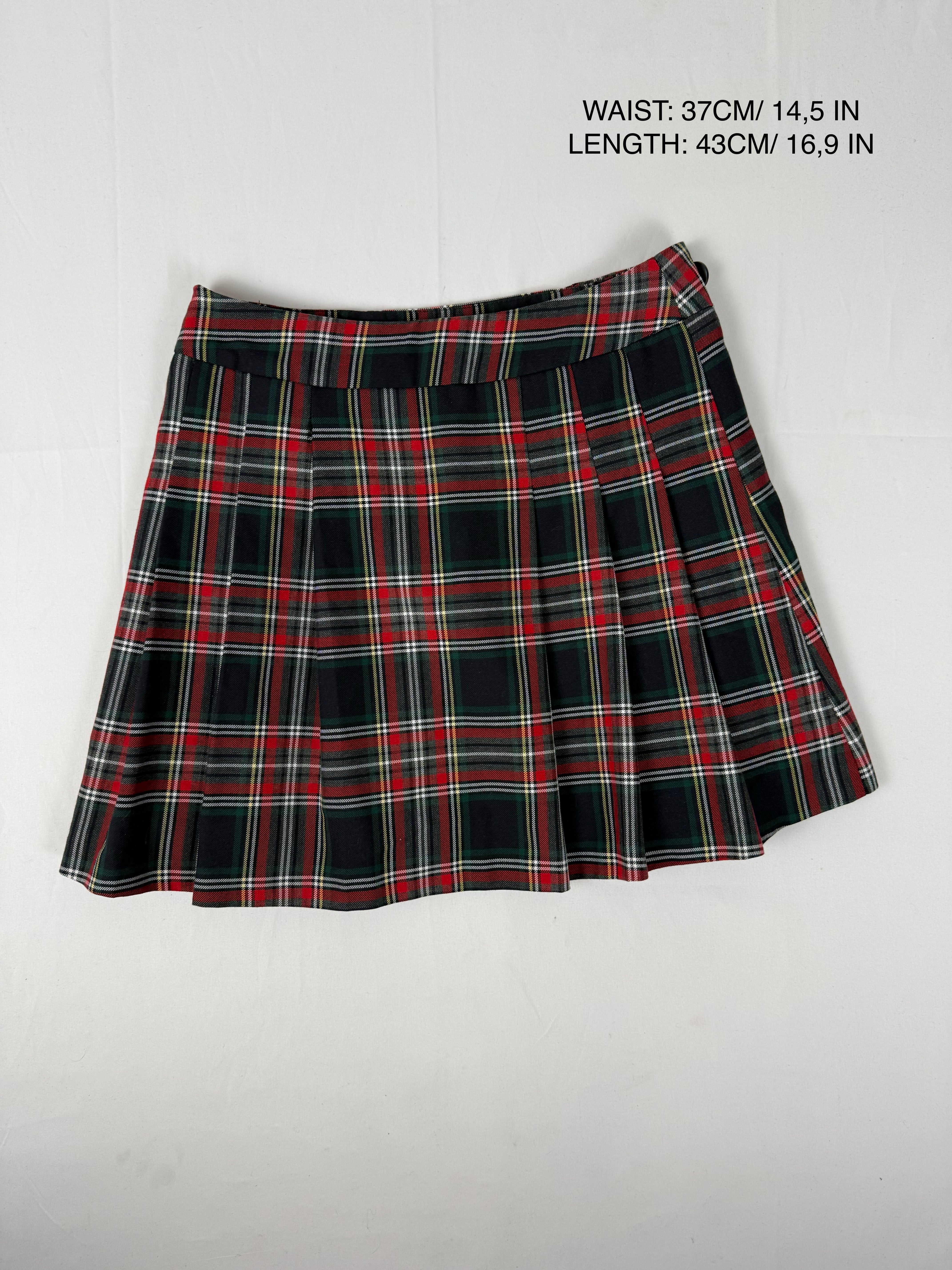 Red check print pleated mini skirt (M)