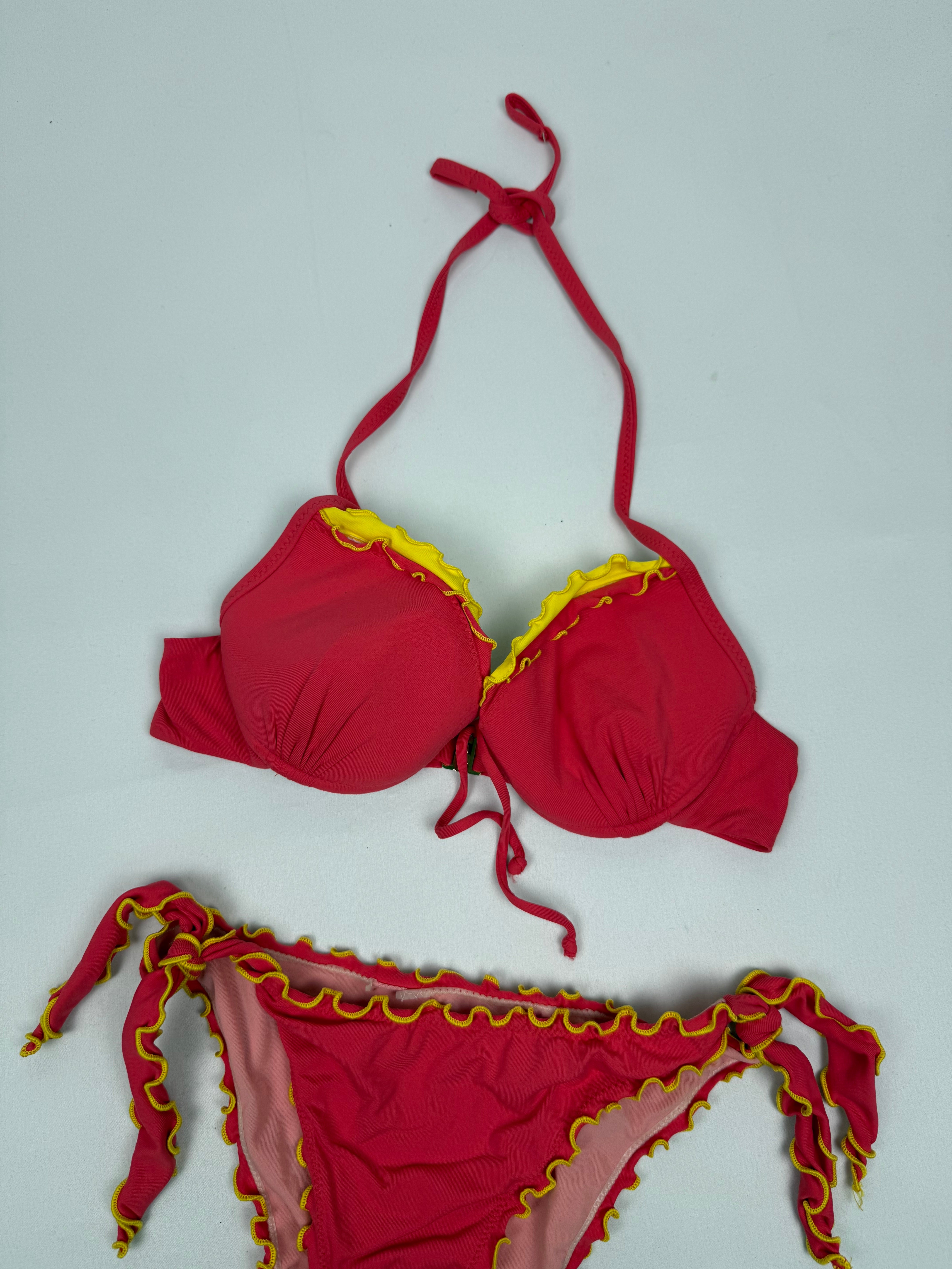 Red lettuce hem low rise bikini set (XS/S)