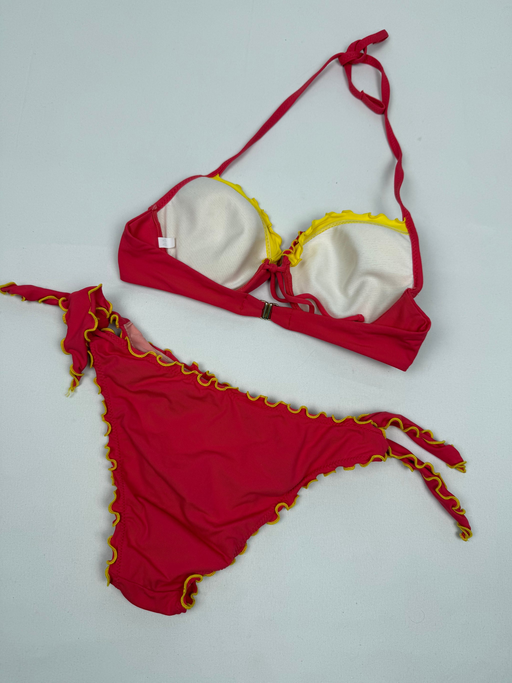 Red lettuce hem low rise bikini set (XS/S)