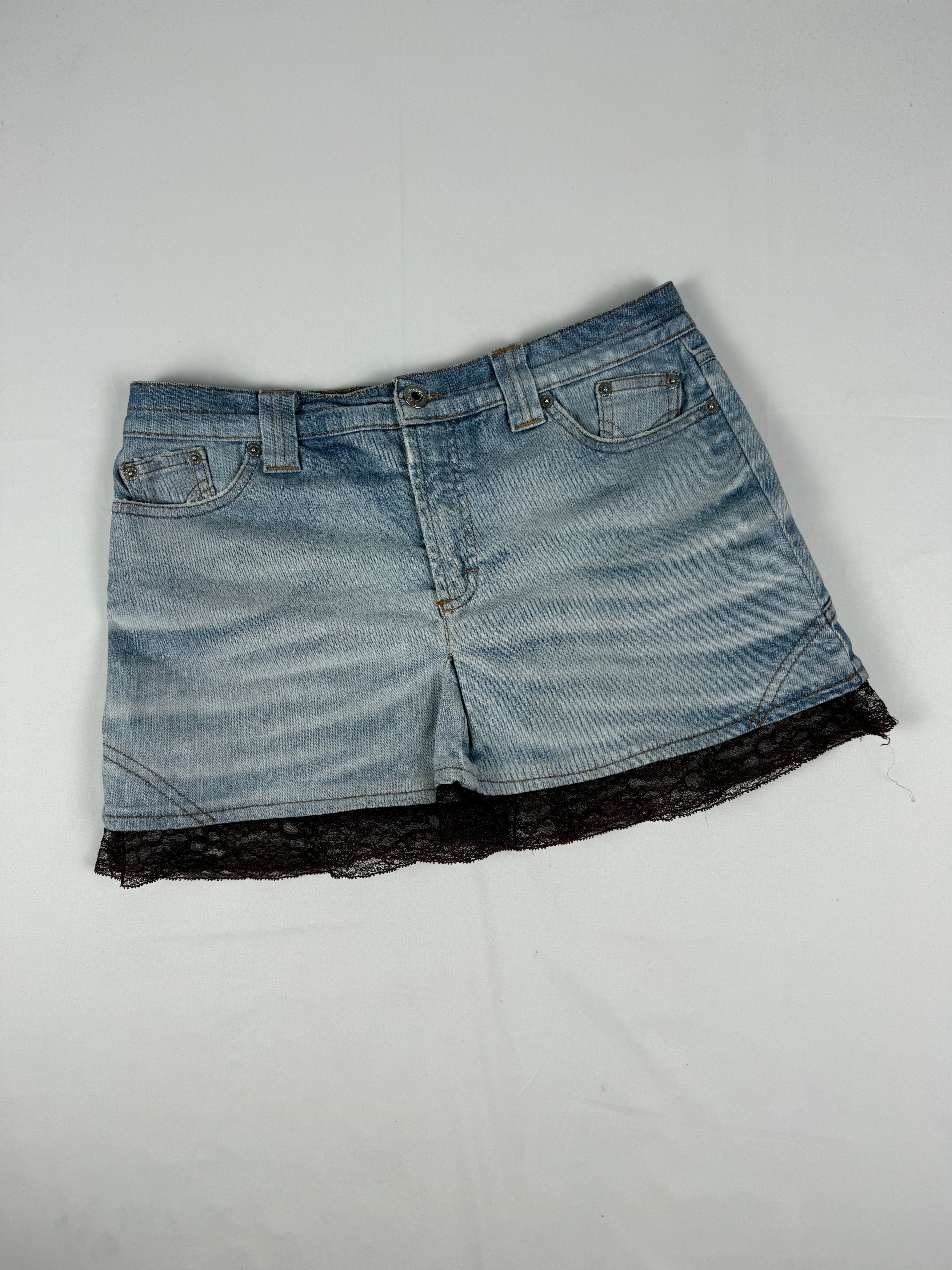 Blue denim & lace pleated mini skirt (S/M)