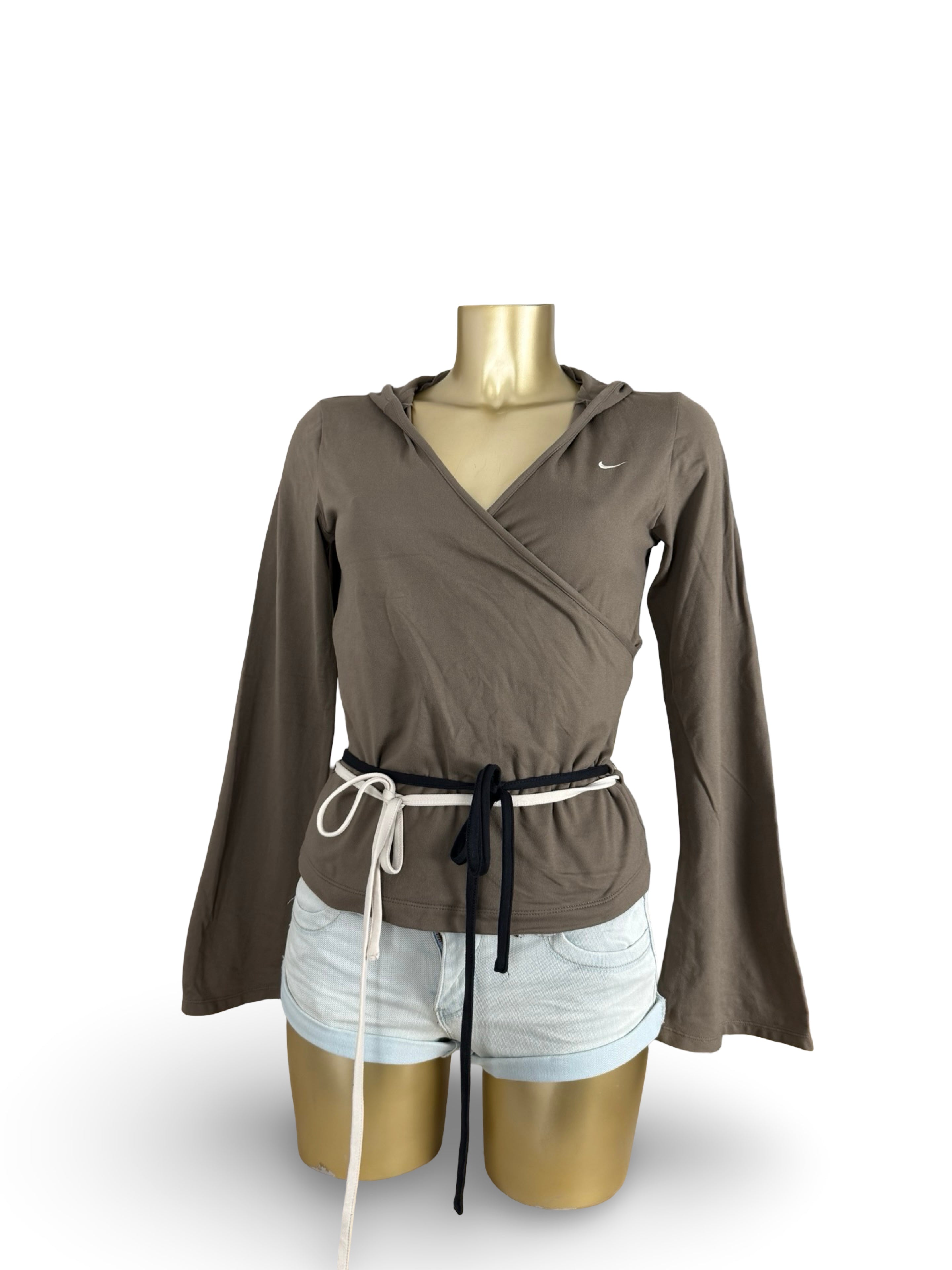 Khaki tie up wrap around hooded top (L)