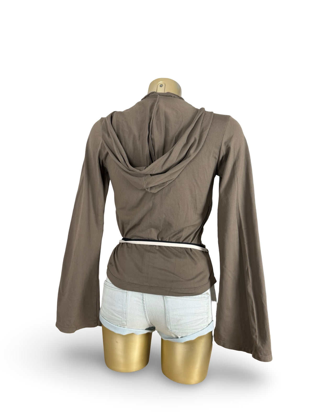 Khaki tie up wrap around hooded top (L)
