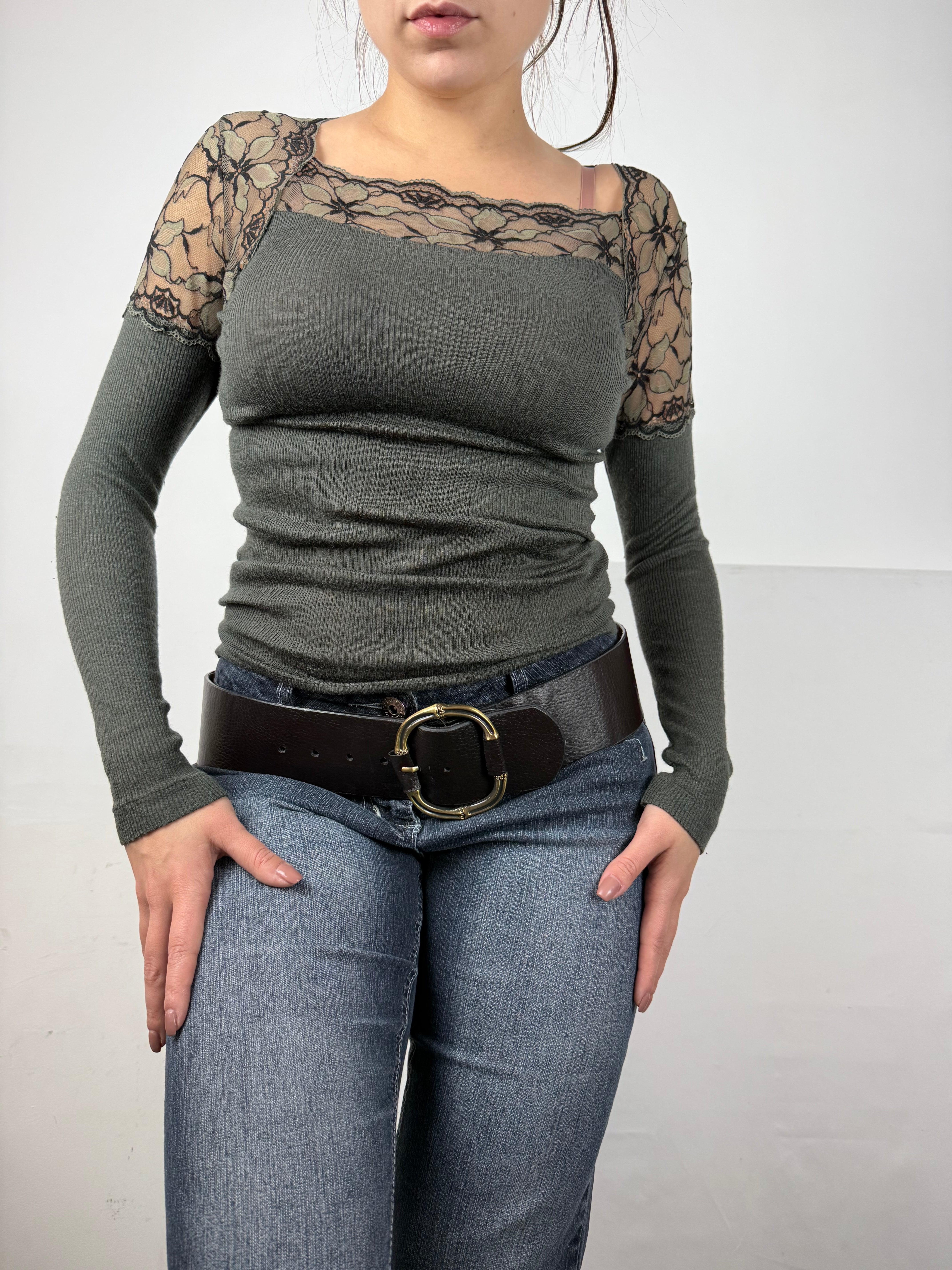 Khaki ribbed long sleeves top (S)
