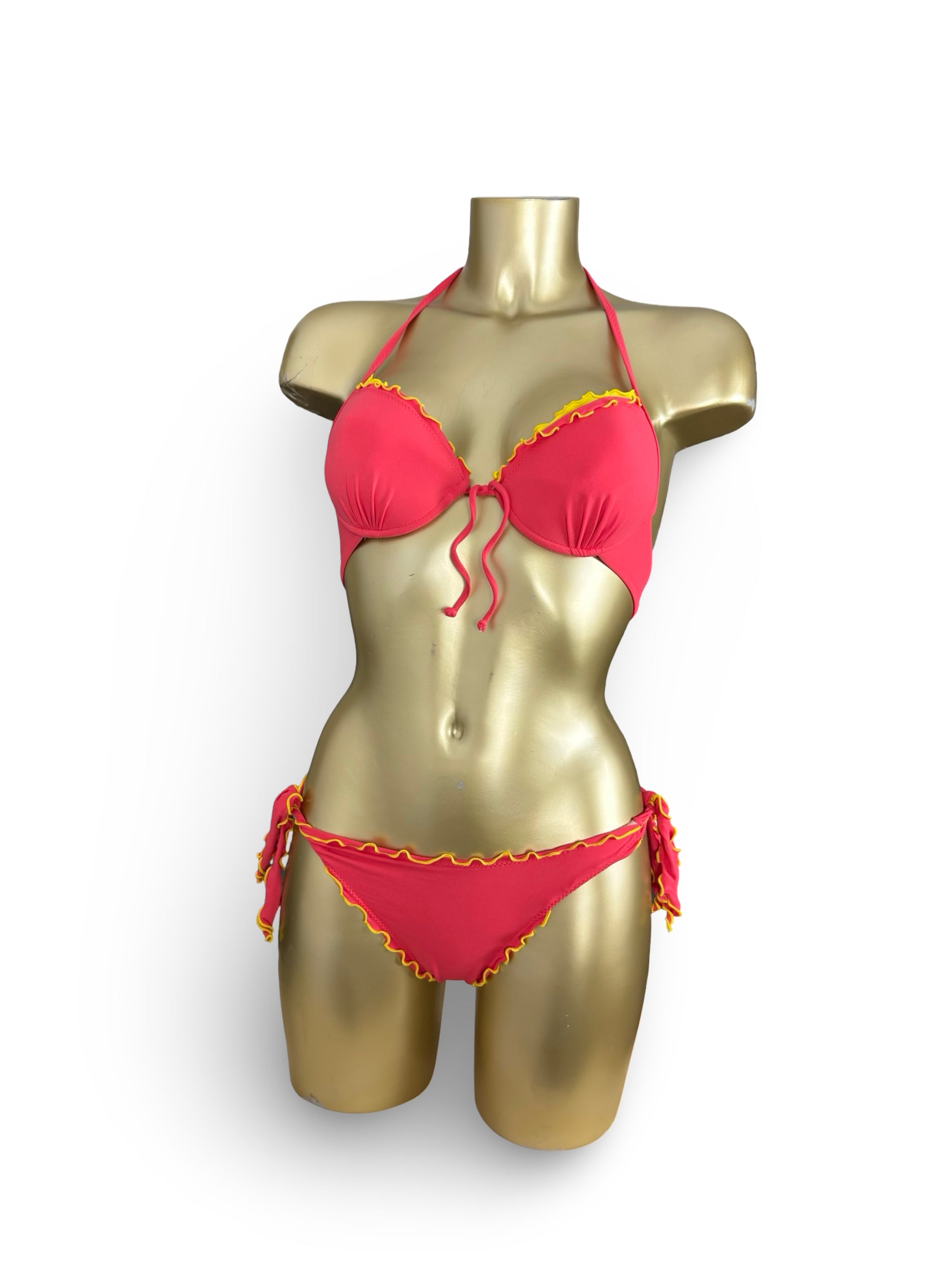 Red lettuce hem low rise bikini set (XS/S)
