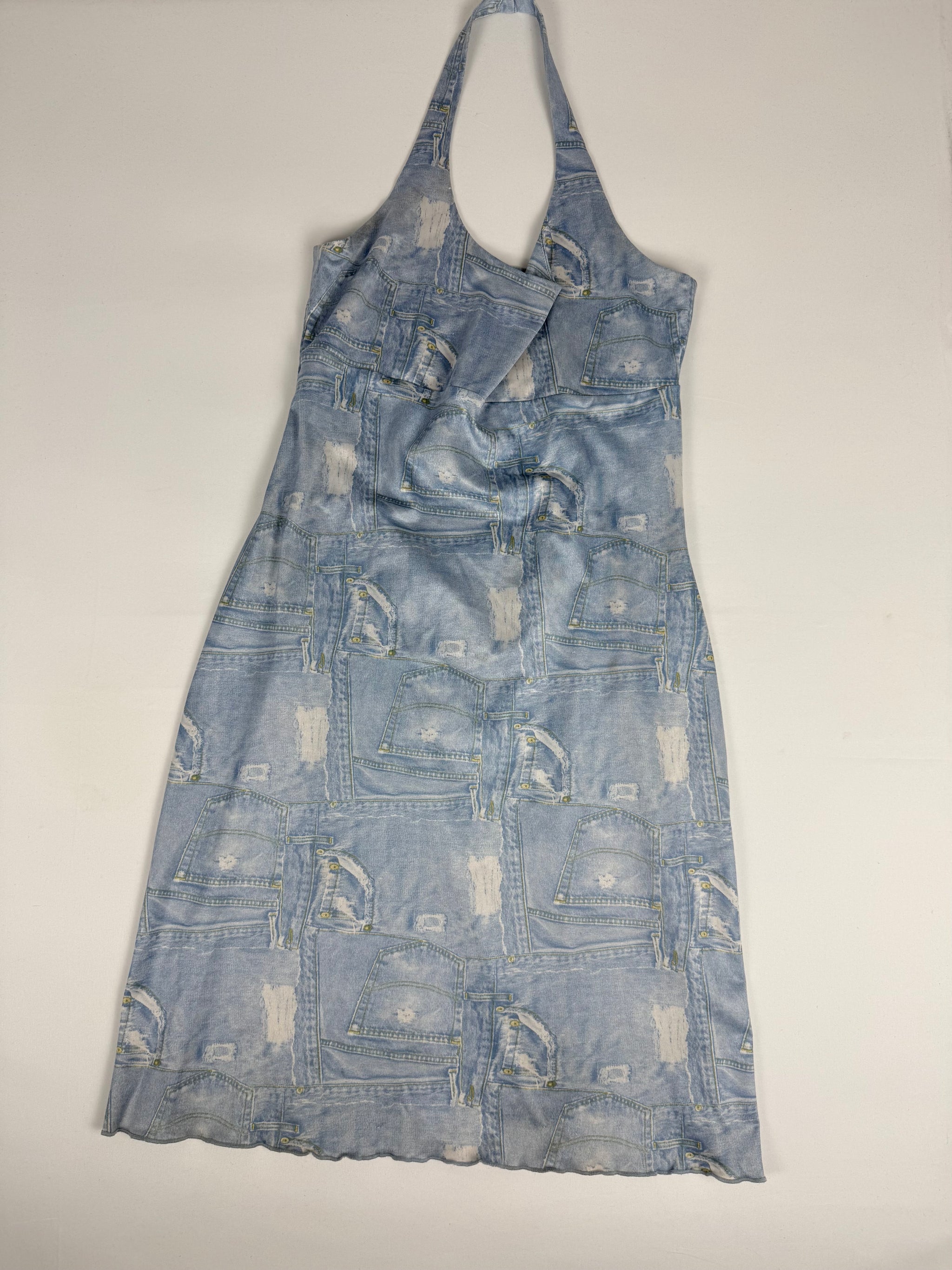 Blue denim graphic backless mini dress (M)