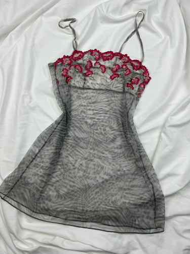 Grey floral mesh see trough babydoll mini dress (S)