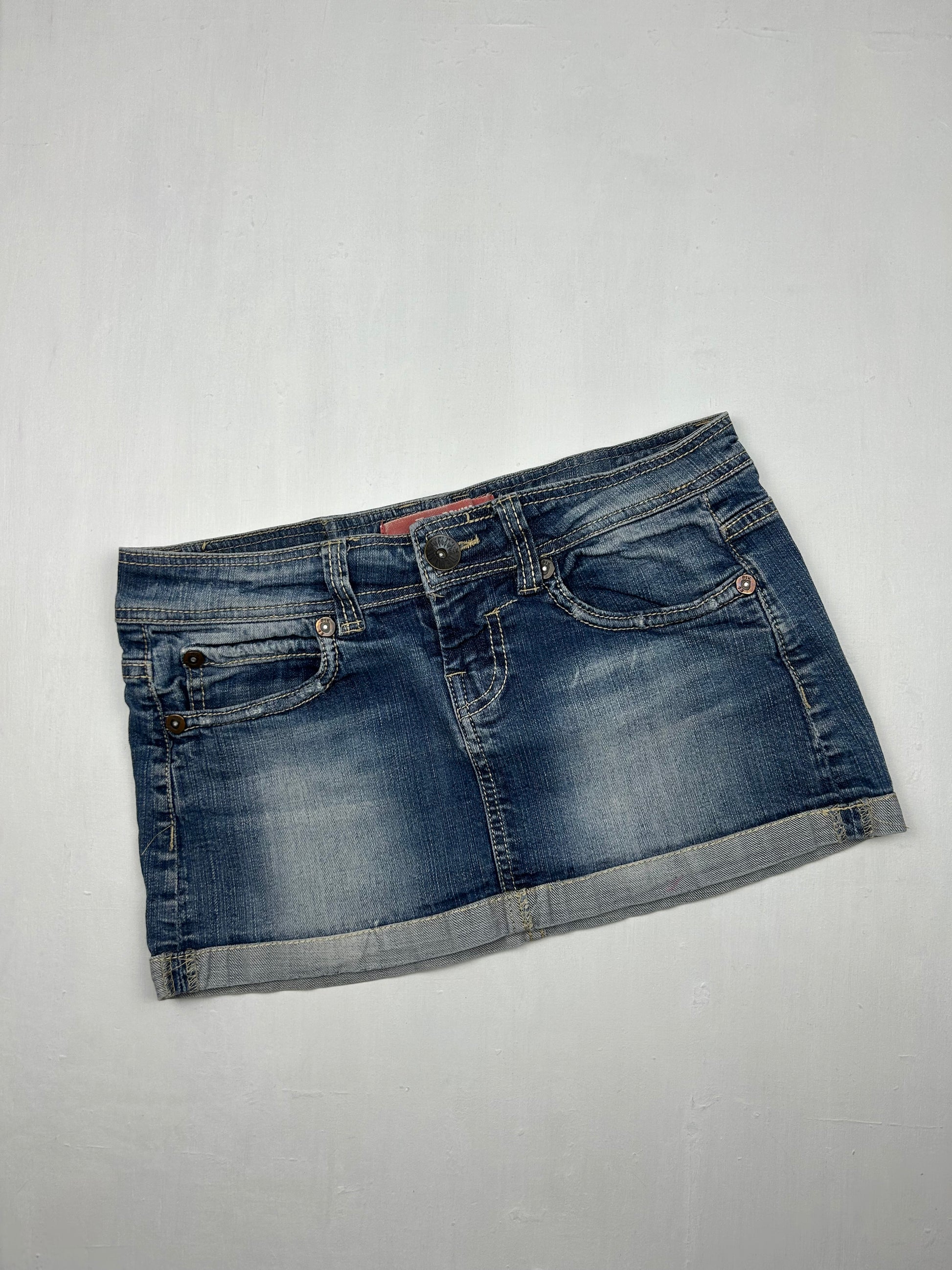 Blue denim low rise mini skirt (S)