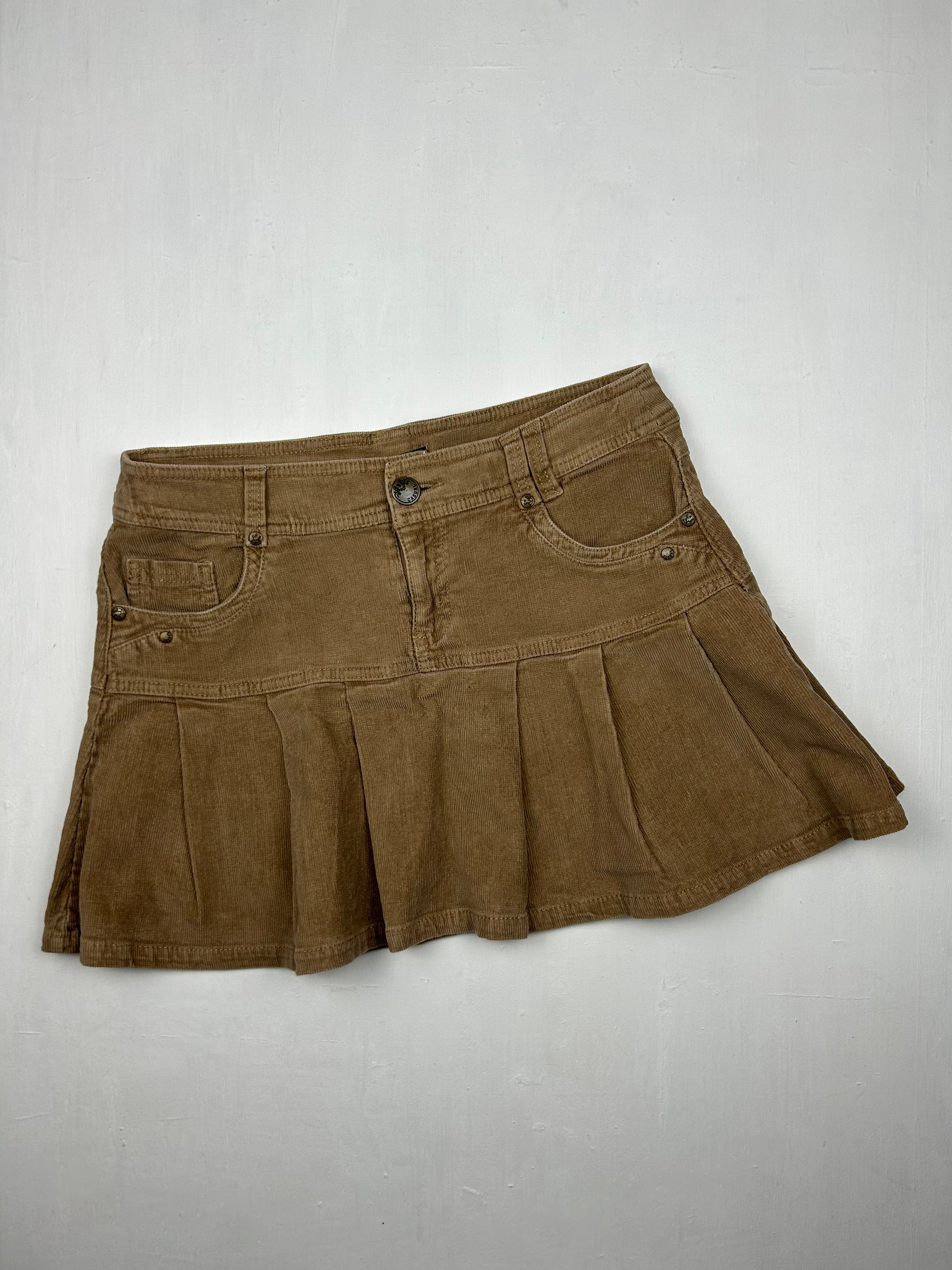 Beige velvet denim pleated low rise mini skirt (S)