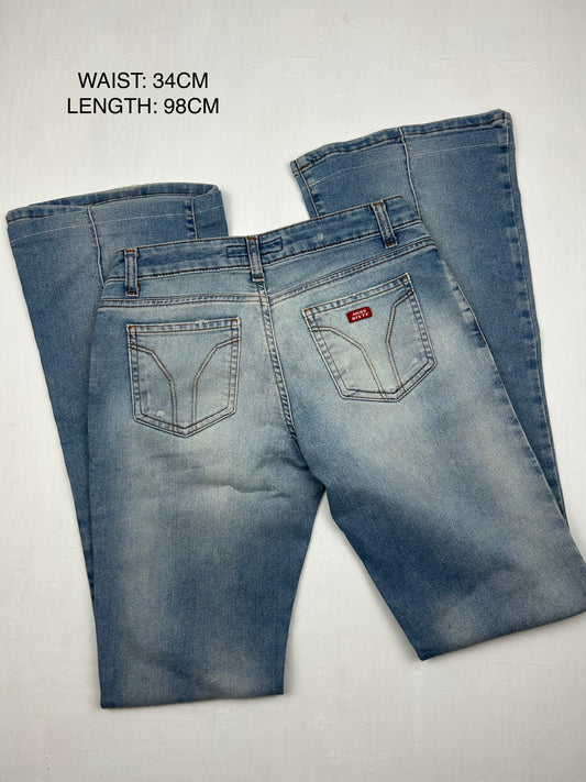 Blue denim low rise bootcut pants (XS)