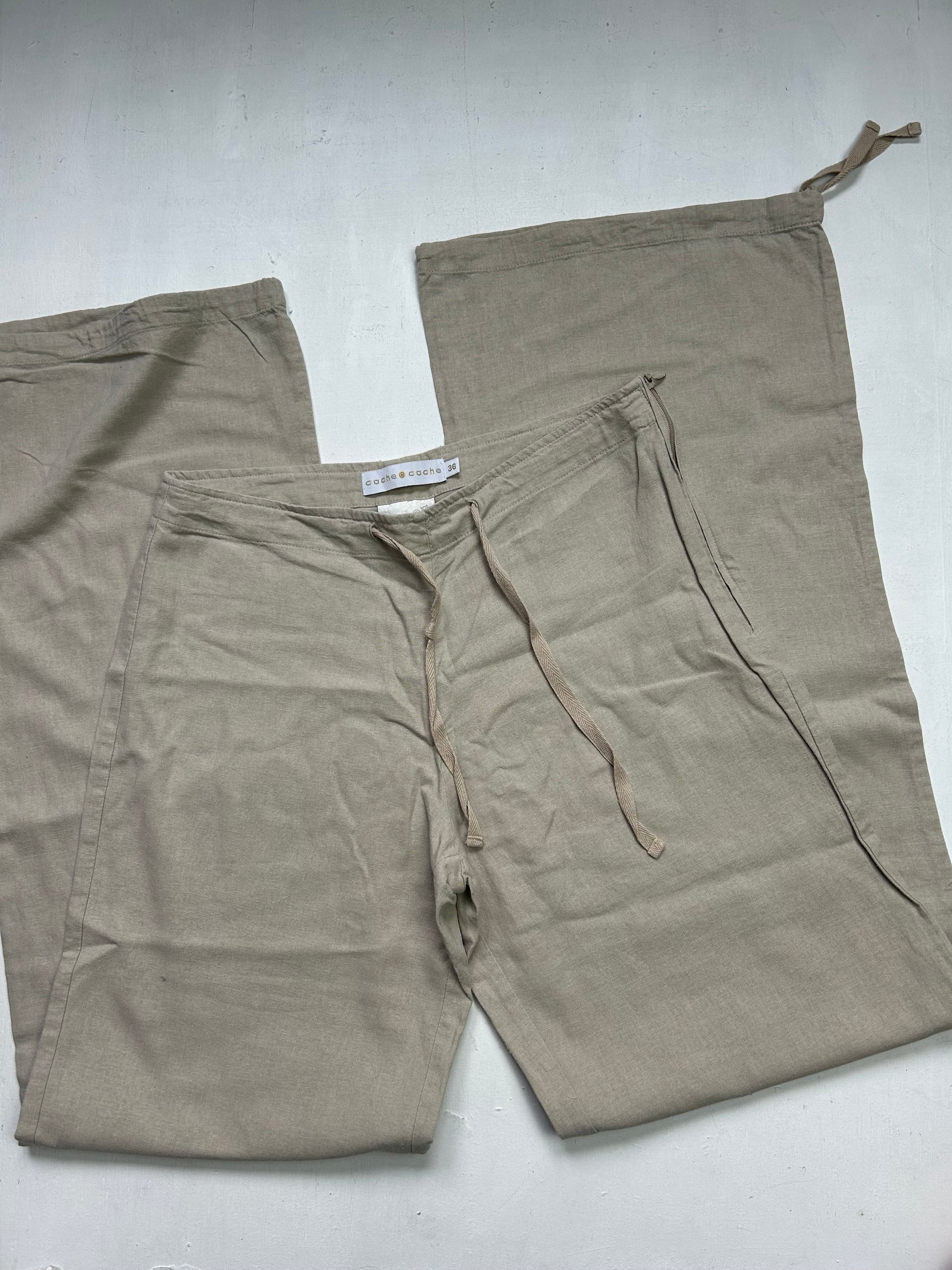 Beige linen  low waist baggy pants (S)