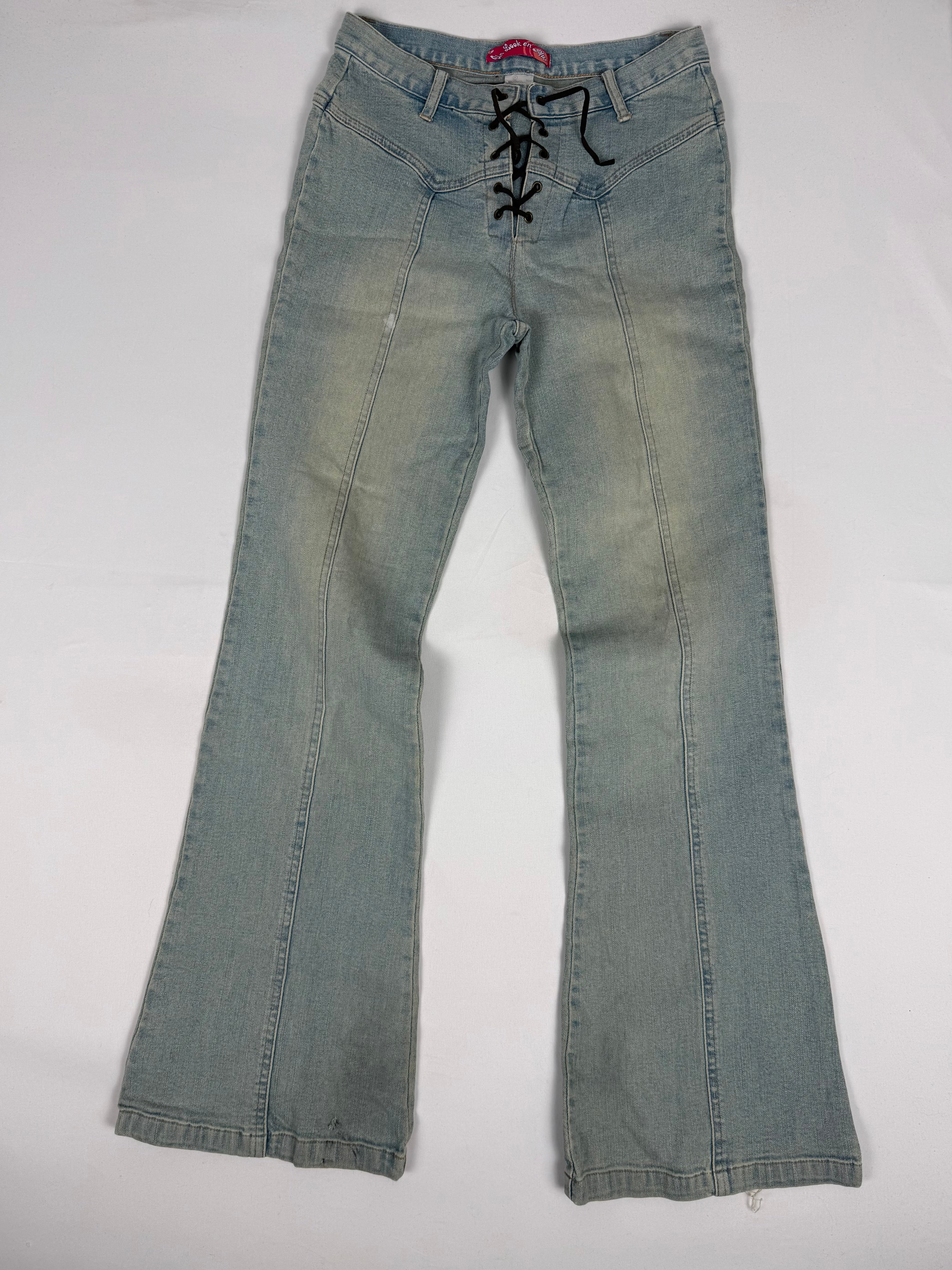 Blue denim lace up flare pants (XS)