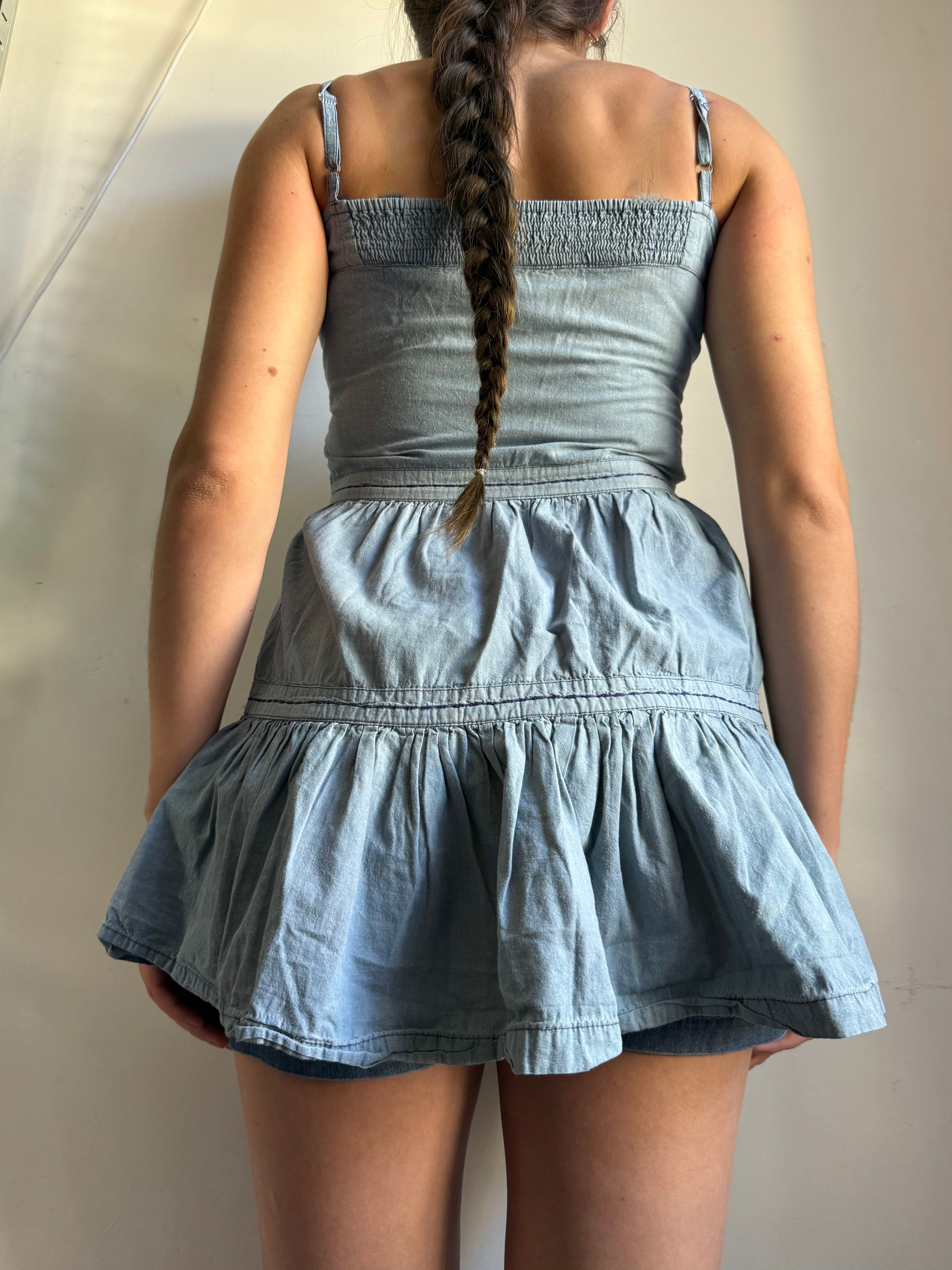 Blue denim cotton pleated top (XXS/XS)