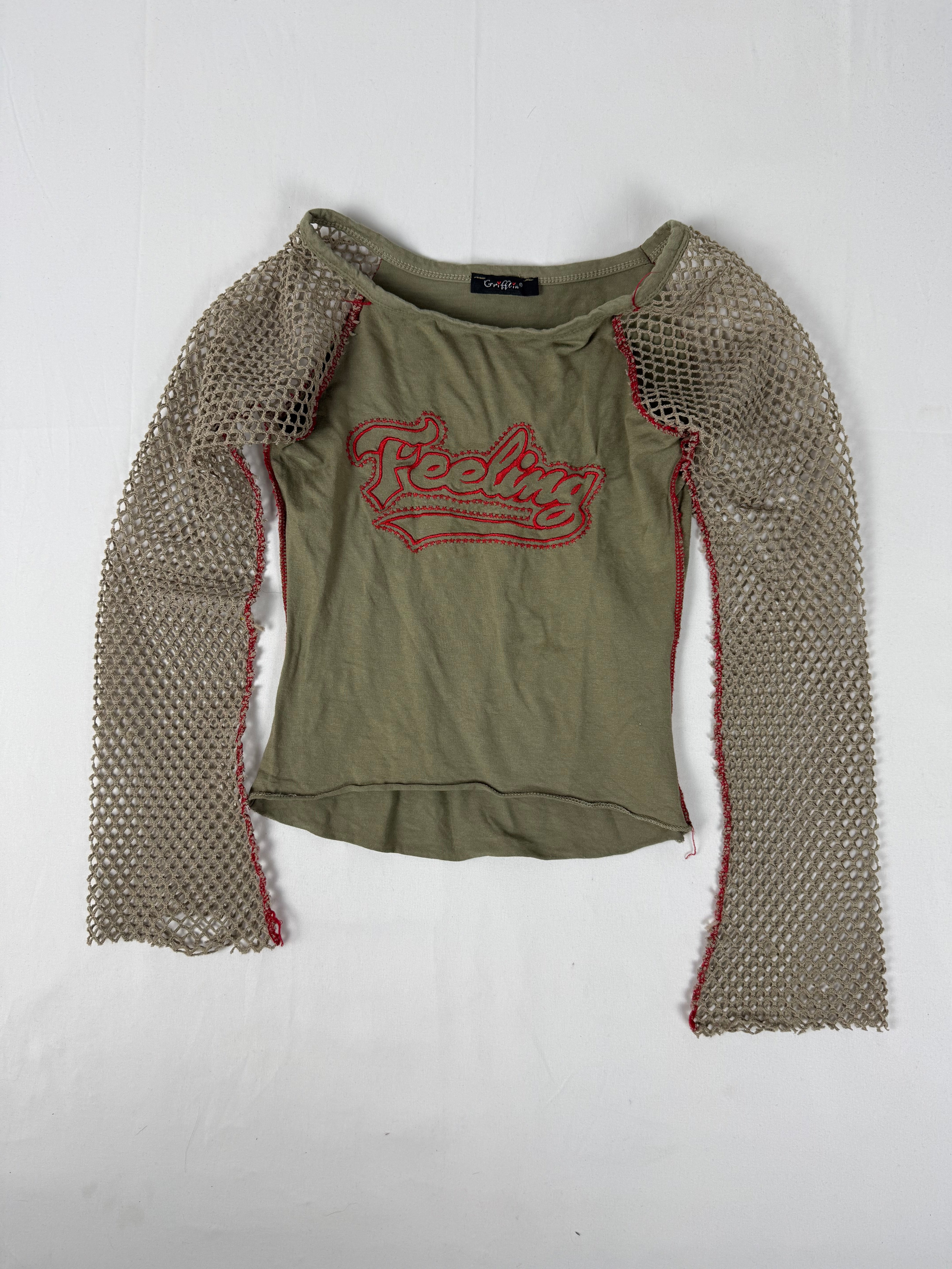 Khaki fishnet long sleeves top (S)