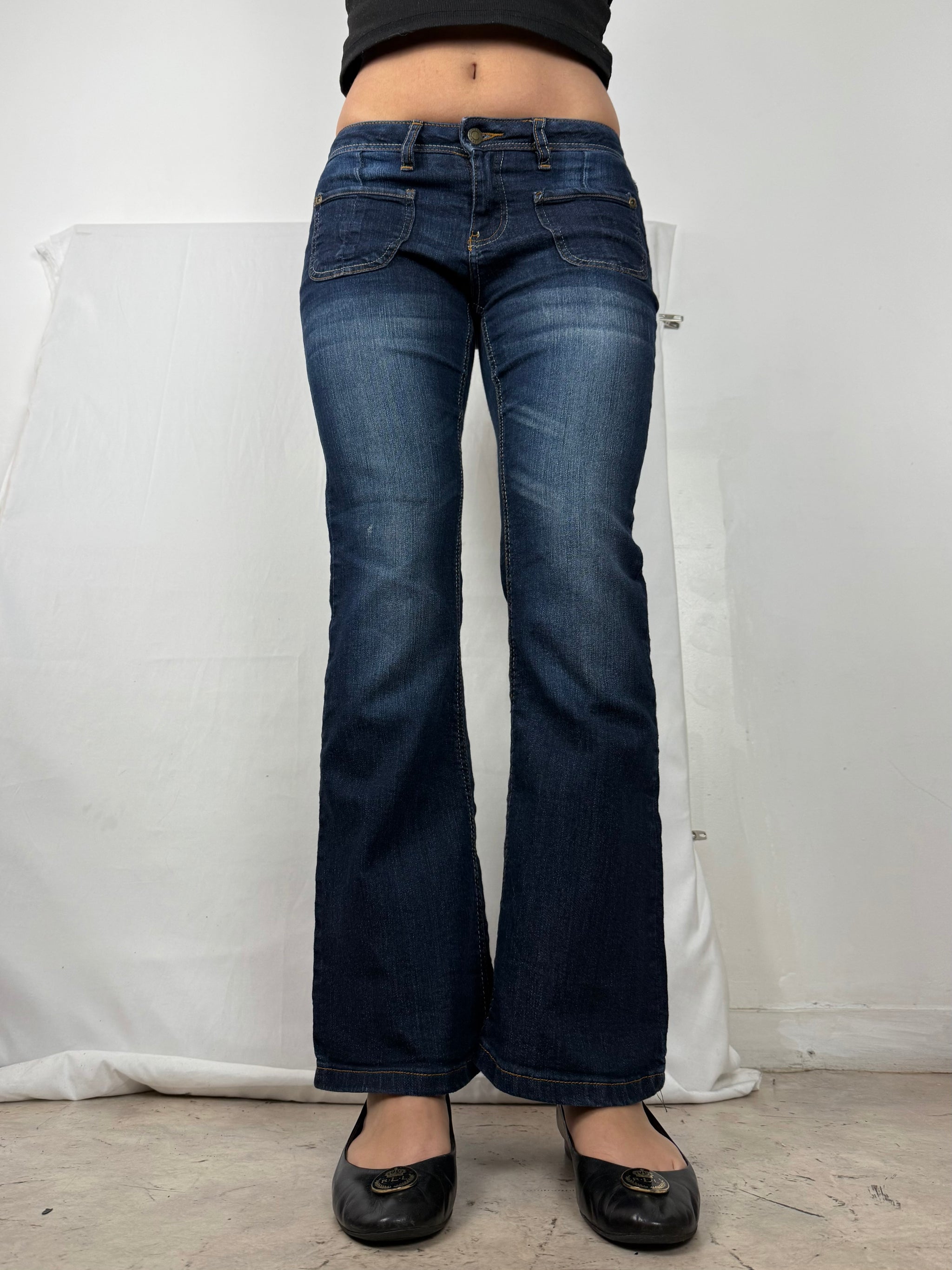 Navy blue denim low waist flare pants (S)