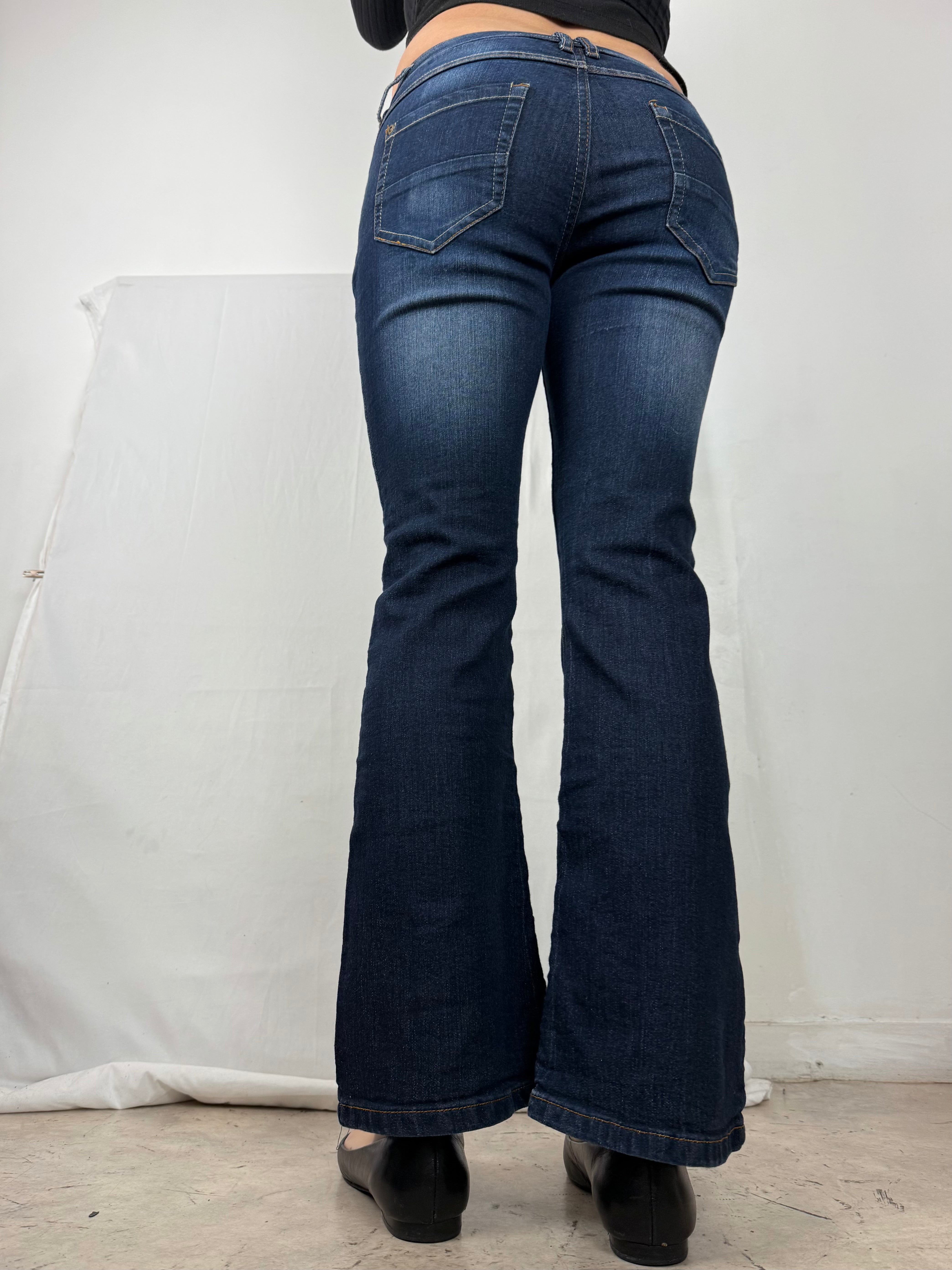Navy blue denim low waist flare pants (S)