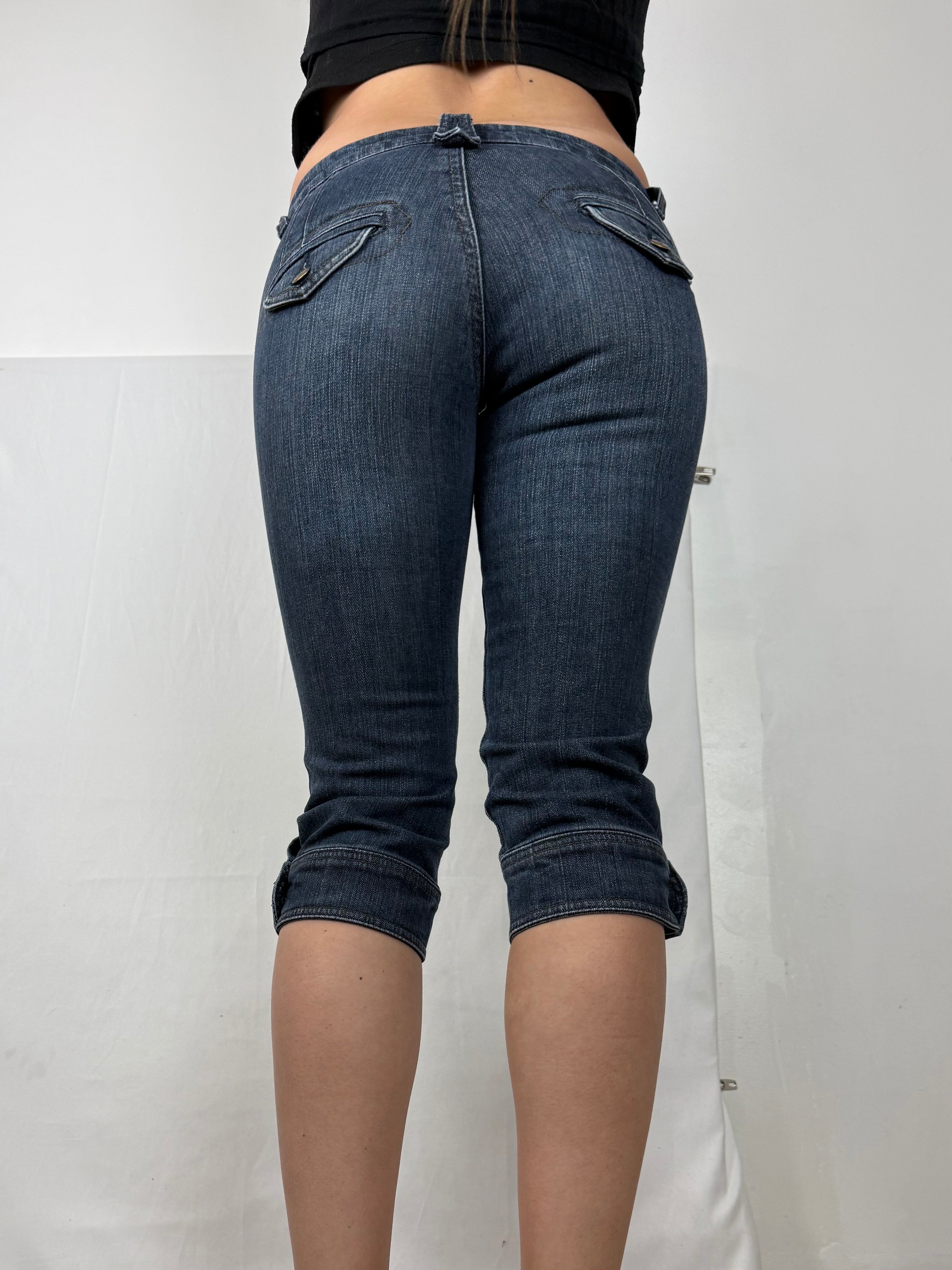 Blue denim cotton low waist capri pants (S)