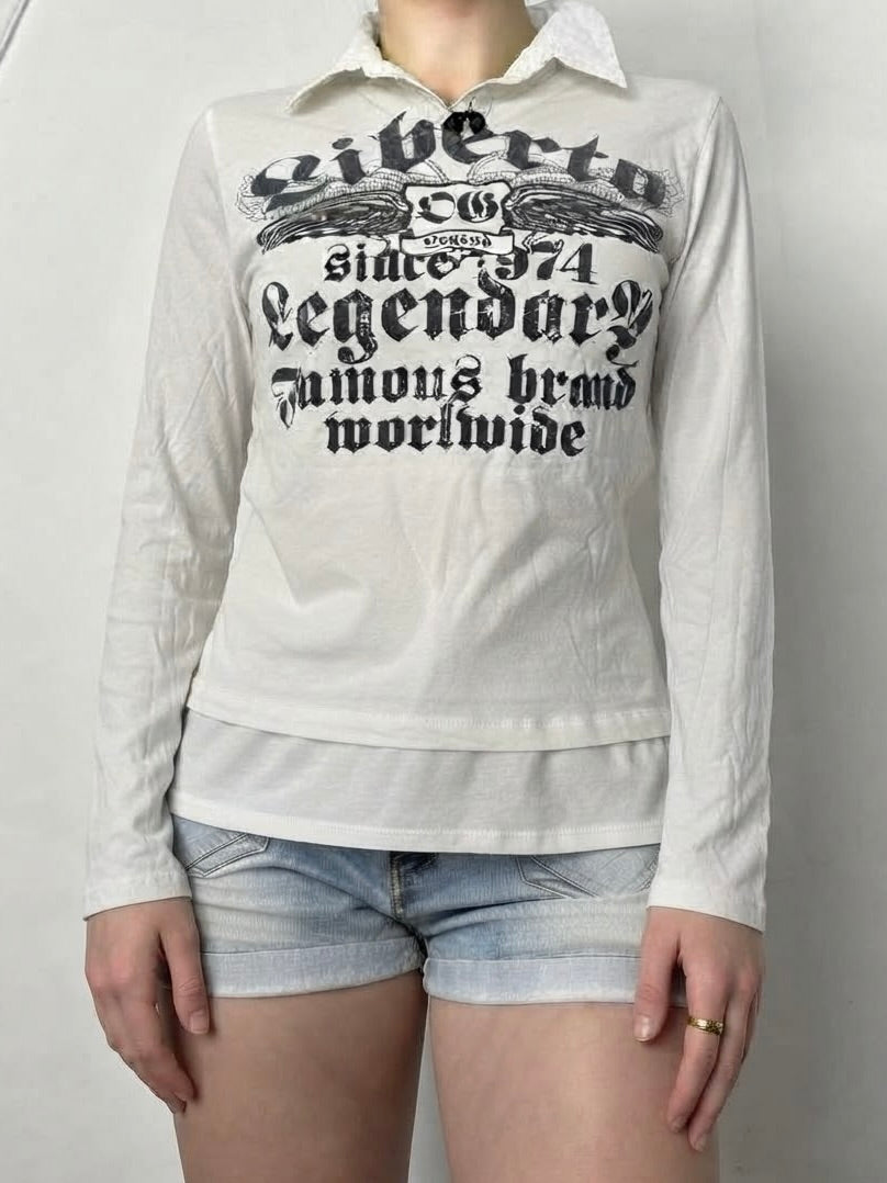 White graphic cotton polo long sleeves top (M/L)